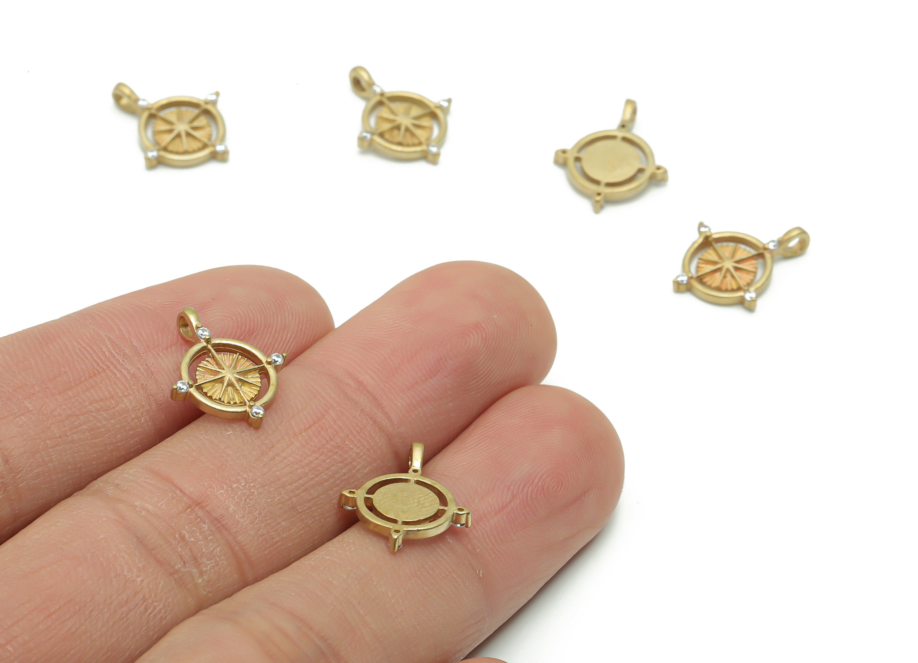 Brass Round Sun Earring Charms With Zircons - Raw Brass Circle Sun Pendant - Jewelry Making Supplies - 15.72x12.47x1.83mm - PP4955 - DOMEDBAZAAR