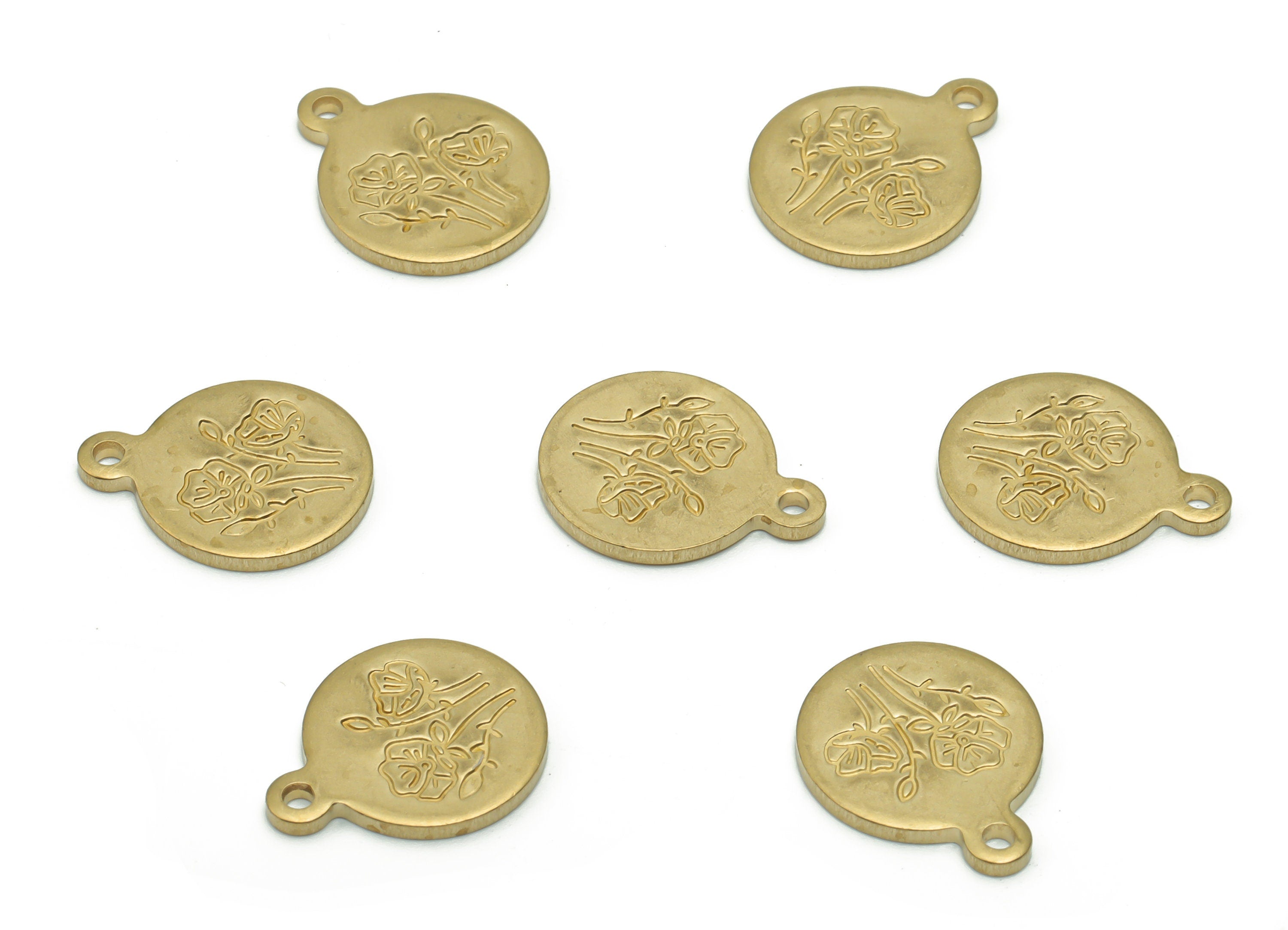 Brass Mini Round Flower Earring Charms - Raw Brass Flower Engraved Pendant - DIY Jewelry Making Supplies - 14.9x11.97x1.24mm - PP4968 - DOMEDBAZAAR