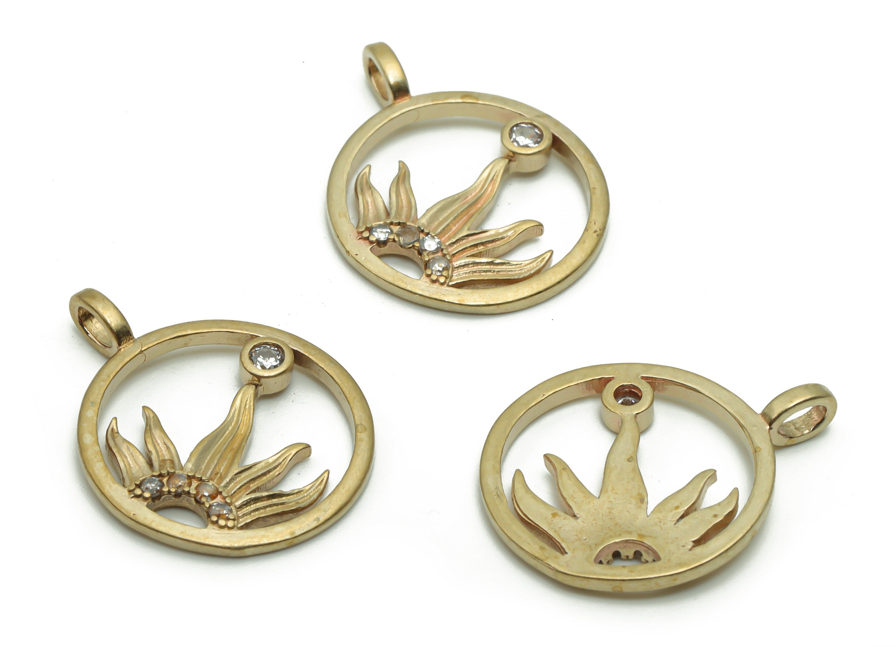 Brass Round Half Sun Earring Charms With Zircons - Raw Brass Circle Sunflower Pendant - Jewelry Making Supplies - 20.21x15.78x1.67mm -PP4953 - DOMEDBAZAAR