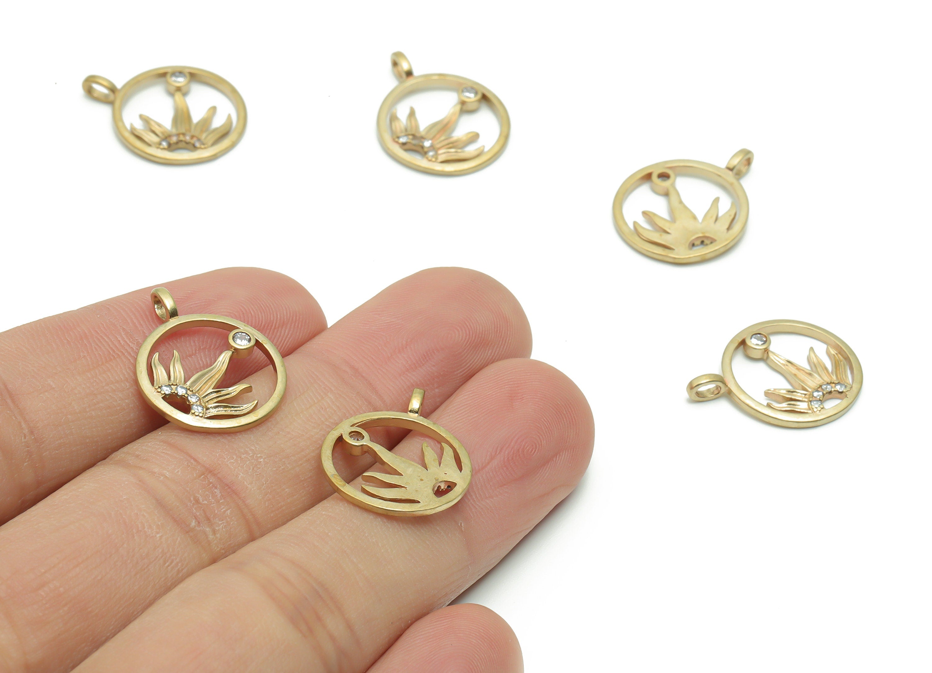 Brass Round Half Sun Earring Charms With Zircons - Raw Brass Circle Sunflower Pendant - Jewelry Making Supplies - 20.21x15.78x1.67mm -PP4953 - DOMEDBAZAAR