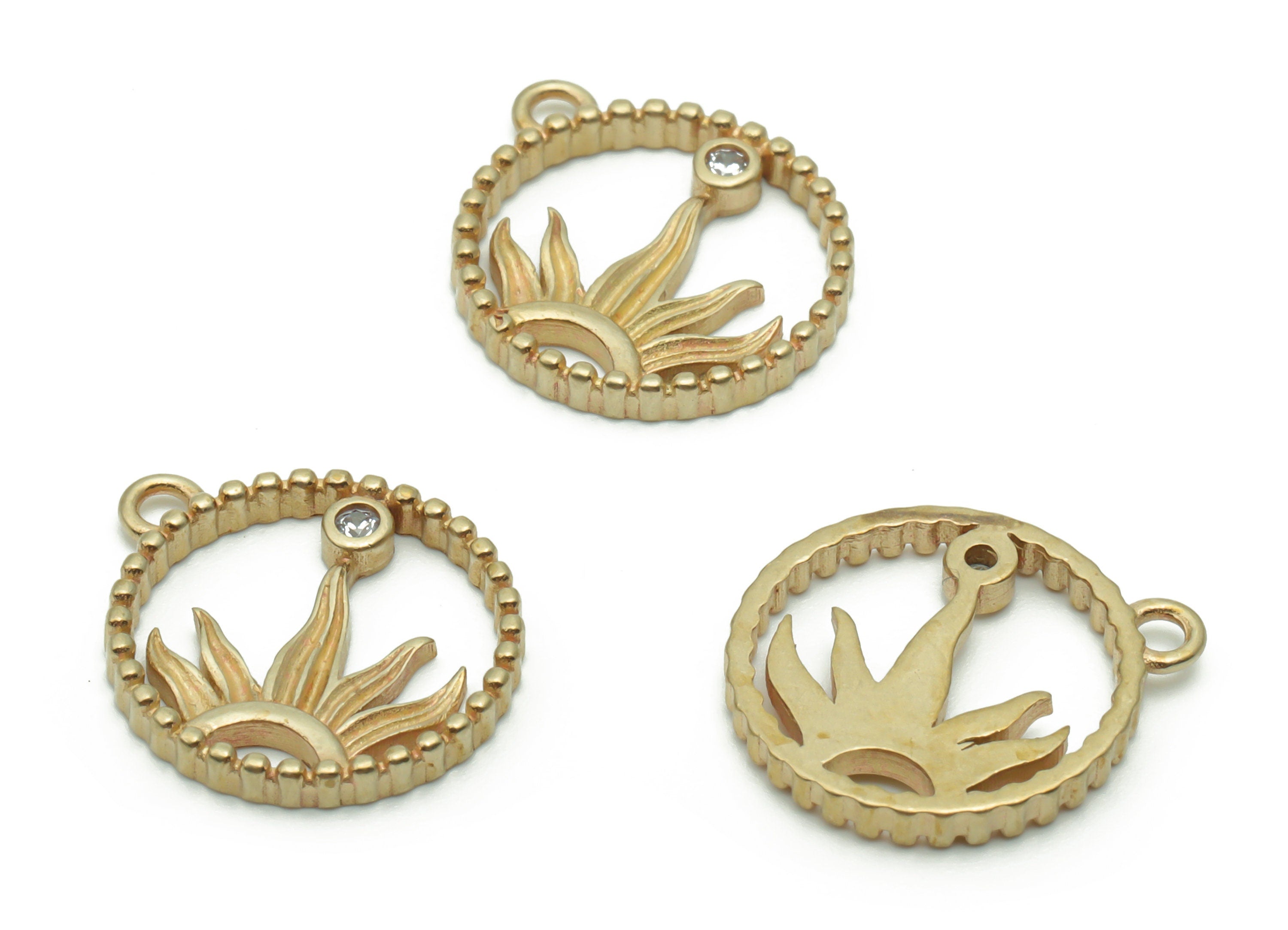 Brass Round Half Sun Earring Charms With Zircons - Raw Brass Compass Half Sun Pendant - Jewelry Making Supplies - 15.65x13.4x1.72mm - PP4954 - DOMEDBAZAAR