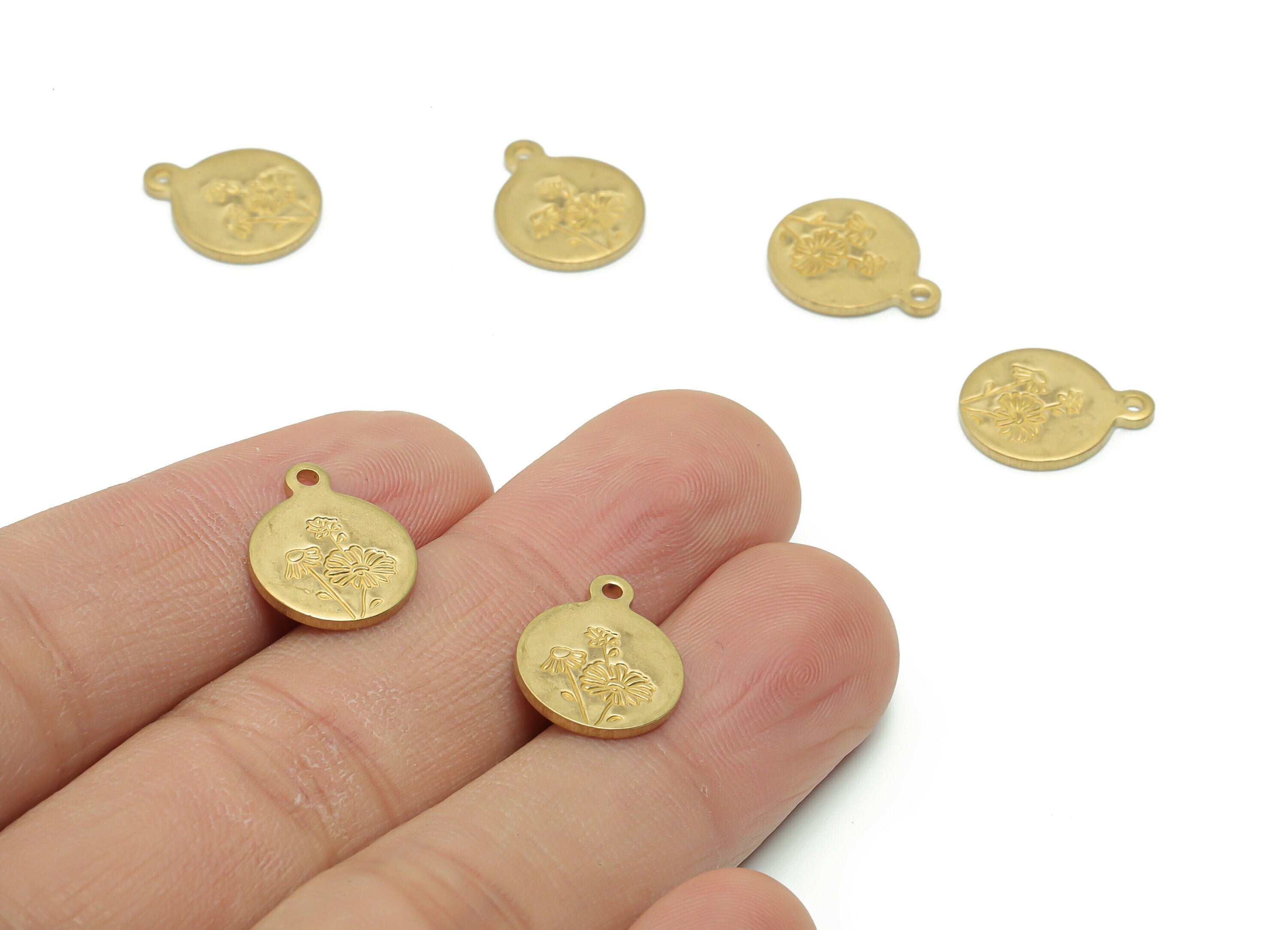 Brass Round Flower Earring Charms - Raw Brass Flower Engraved Pendant - DIY Jewelry Making Supplies - 14.91x11.95x1.22mm - PP4962 - DOMEDBAZAAR