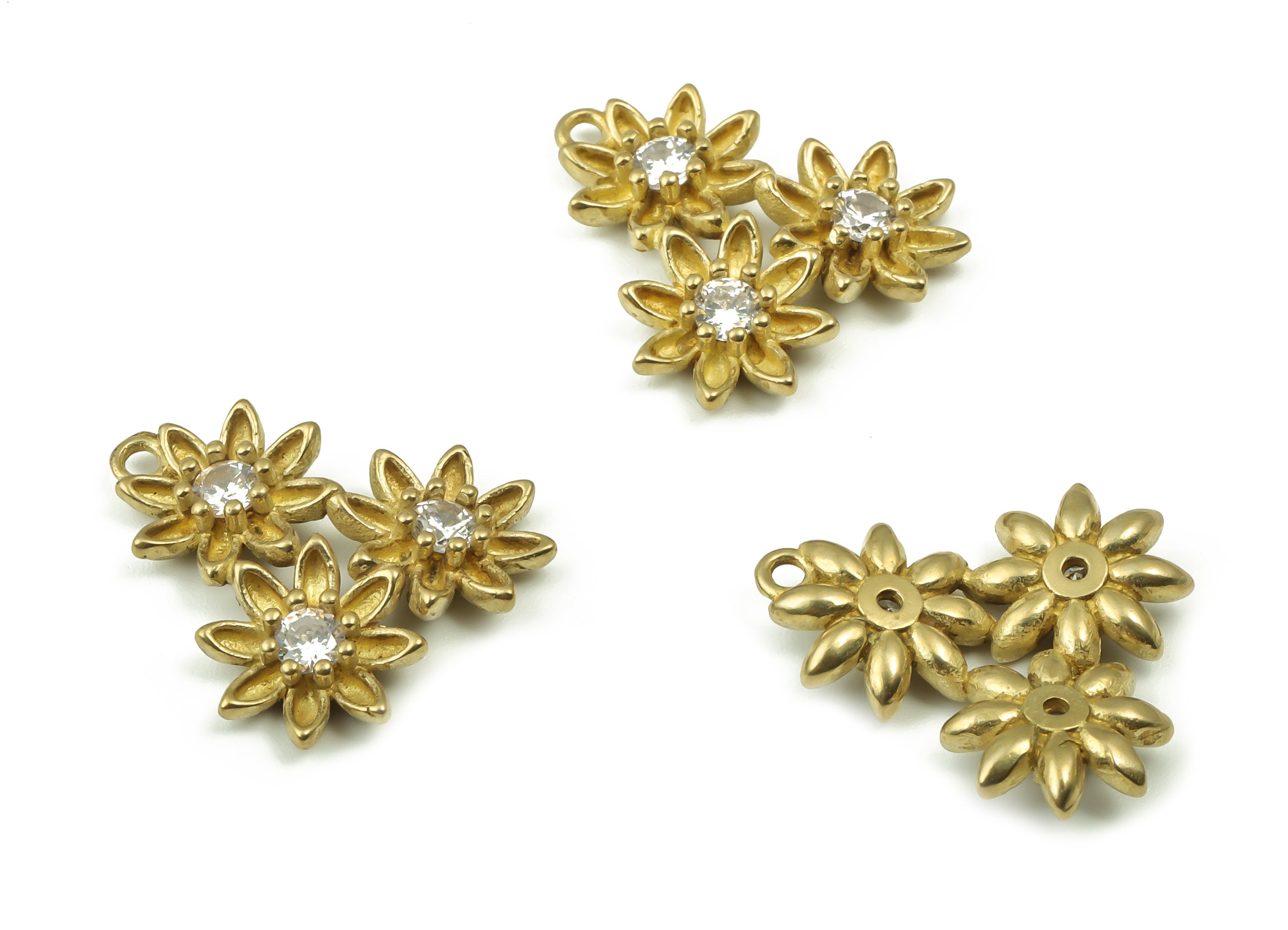 Raw Brass Flower Earring Charm – Brass Zircon Flower Pendant Charm – Zircon 3 Flower Charm - Jewelry Supplies - 18.51x17.94x3.65mm- PP4873 - DOMEDBAZAAR