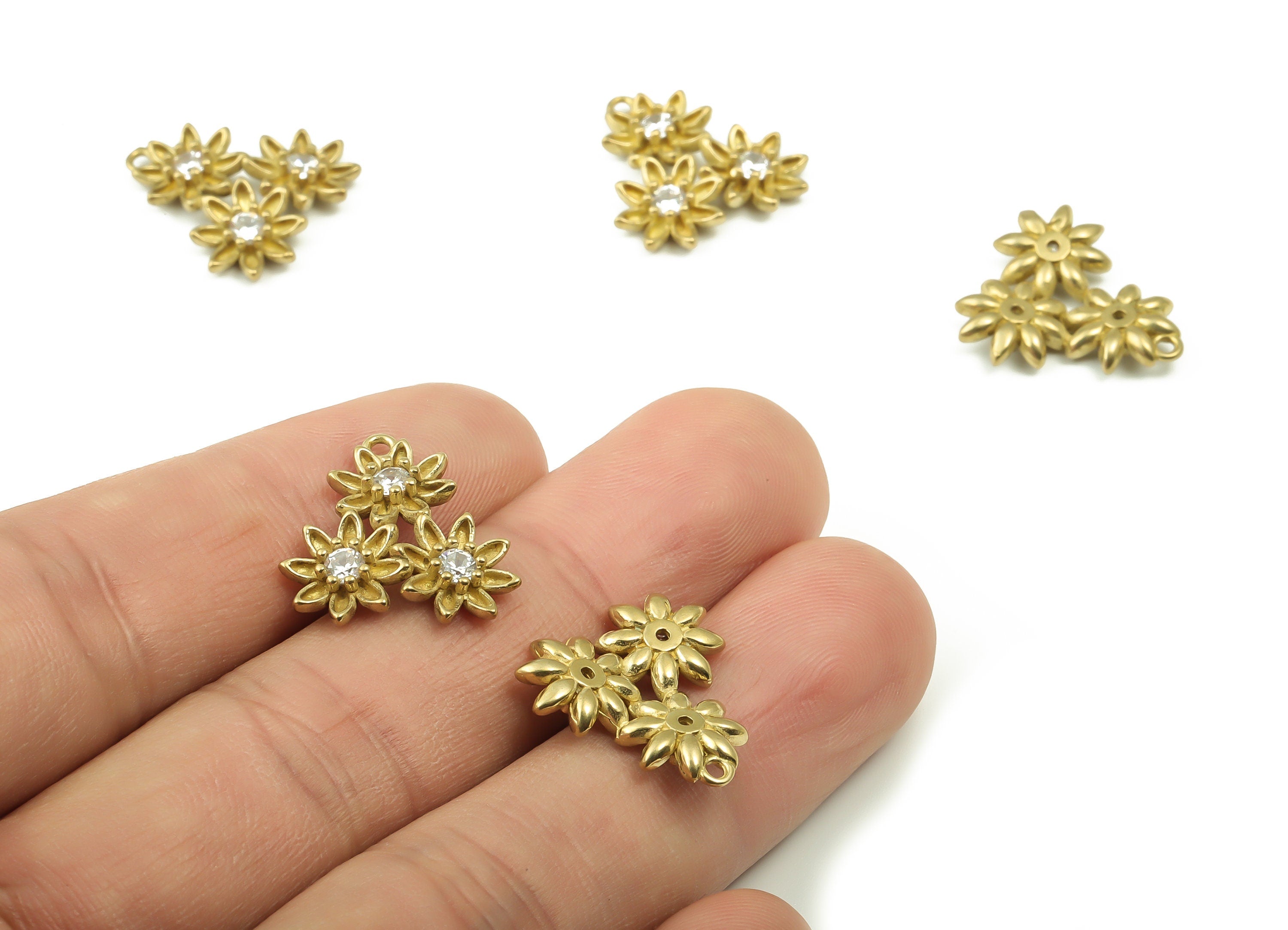 Raw Brass Flower Earring Charm – Brass Zircon Flower Pendant Charm – Zircon 3 Flower Charm - Jewelry Supplies - 18.51x17.94x3.65mm- PP4873 - DOMEDBAZAAR