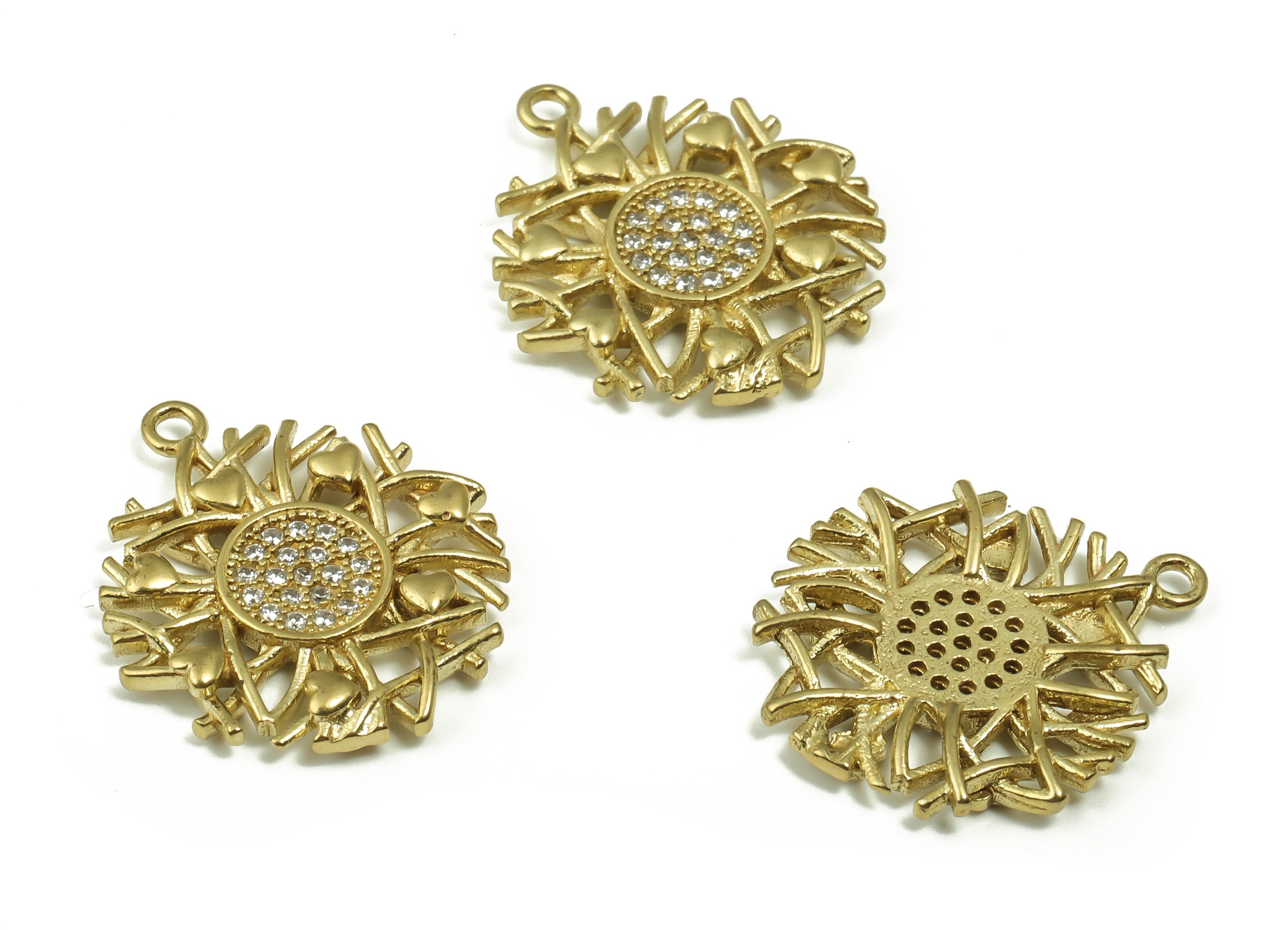 Raw Brass Branches Earring Charms with Zircon – Brass Delicate Flower Charm Pendant – Jewelry Making Supplies - 19.78x17.56x2.71mm - PP4868 - DOMEDBAZAAR