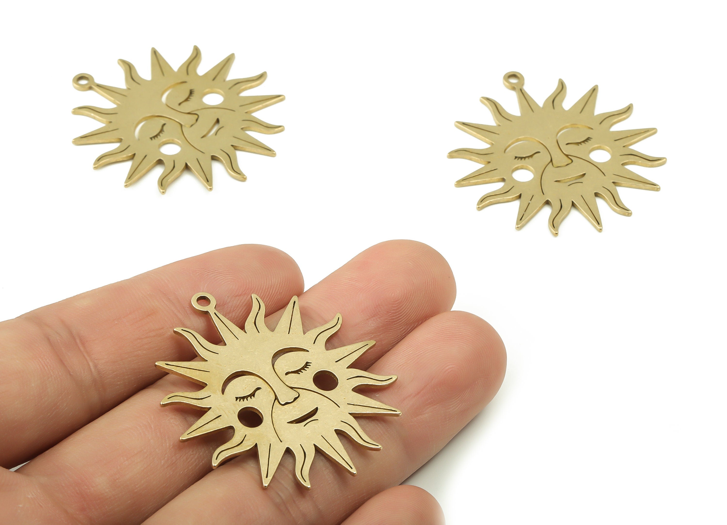 Brass Sleeping Sun Earring Charms - Raw Brass Wise Sun Pendant - DIY Jewelry Making Supplies - 40.27x37.55x0.88mm - PPA0182 - DOMEDBAZAAR