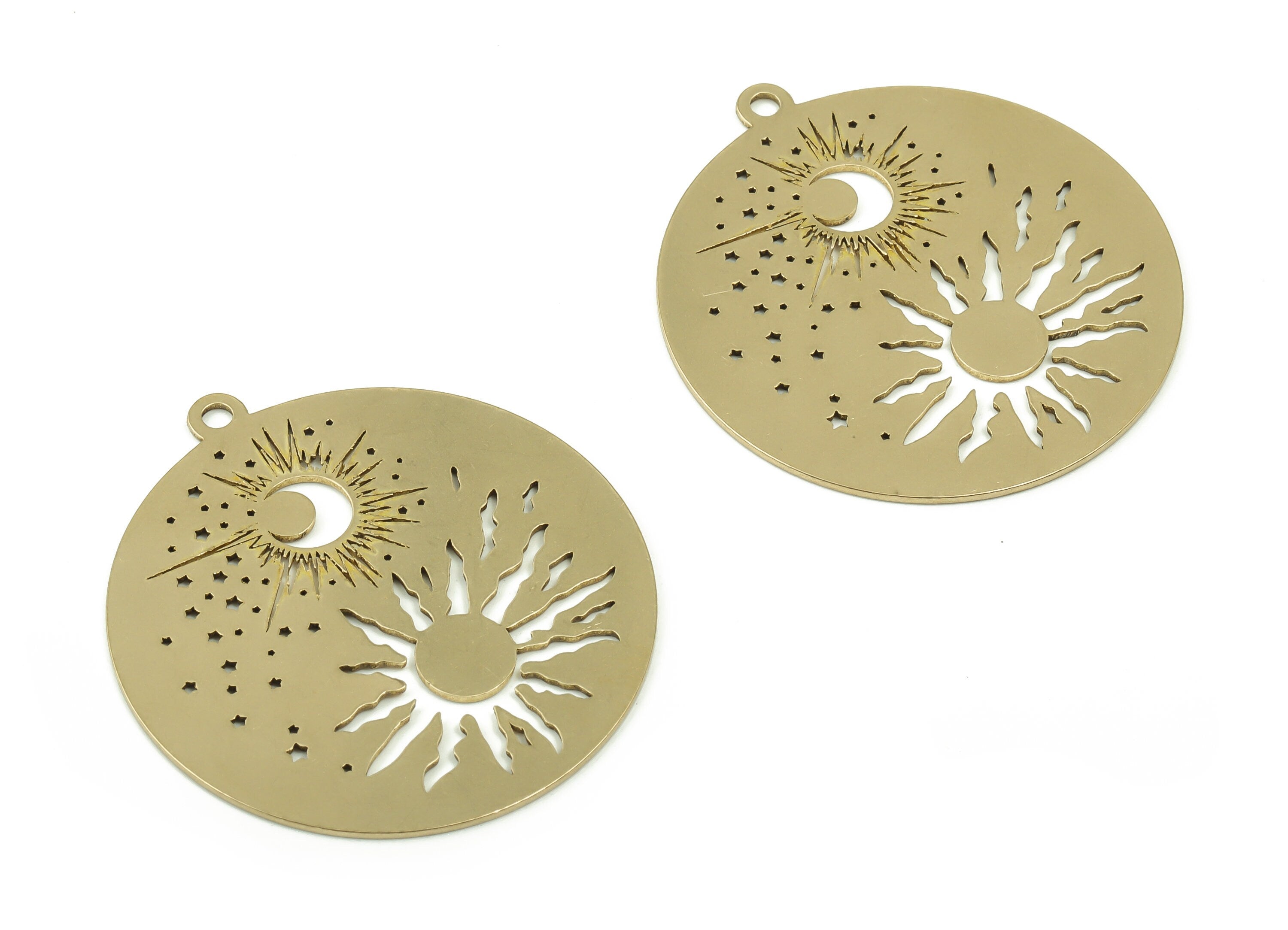 Brass Round Sun Earring Charms - Raw Brass Moon Star Pendant - Laser Cut Charm - Jewelry Making Supplies - 37.79x34.93x0.66mm - PPA0235 - DOMEDBAZAAR