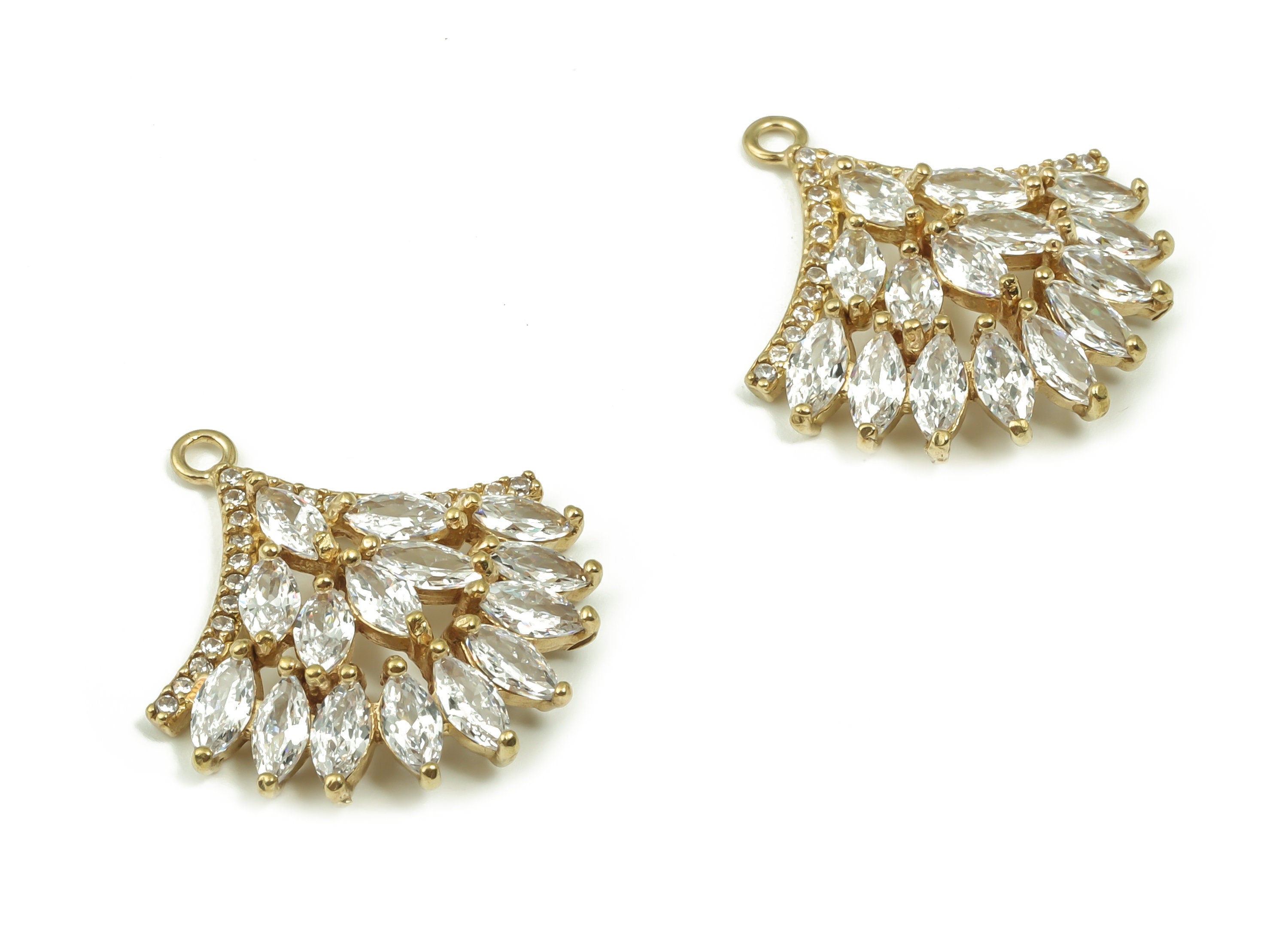 Raw Brass Flower Spike Earring Charm - Brass Zircon Fan Shape Pendant Charm - Jewelry Making Supplies - 22.8x20.64x4.32mm- PP4861 - DOMEDBAZAAR