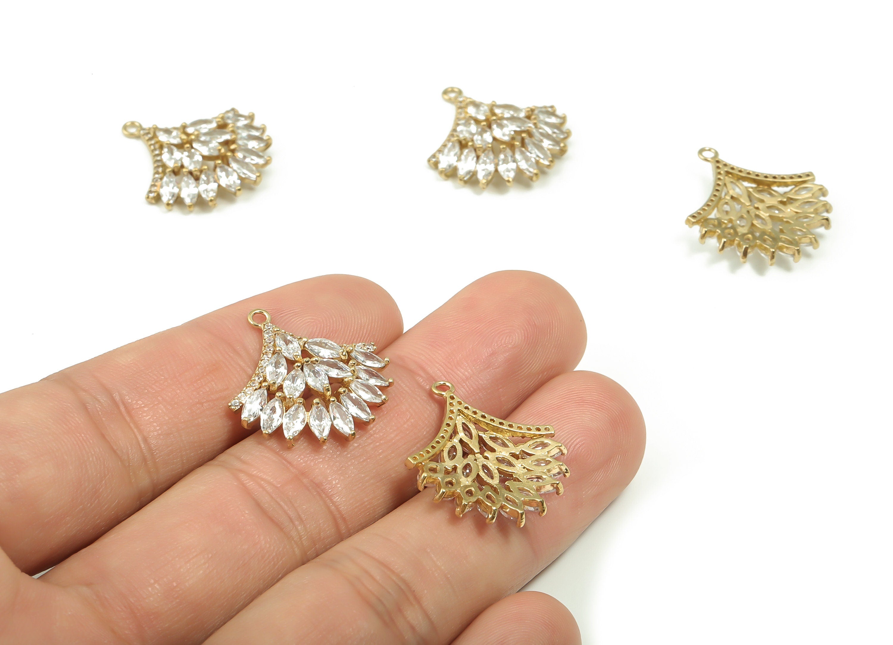 Raw Brass Flower Spike Earring Charm - Brass Zircon Fan Shape Pendant Charm - Jewelry Making Supplies - 22.8x20.64x4.32mm- PP4861 - DOMEDBAZAAR