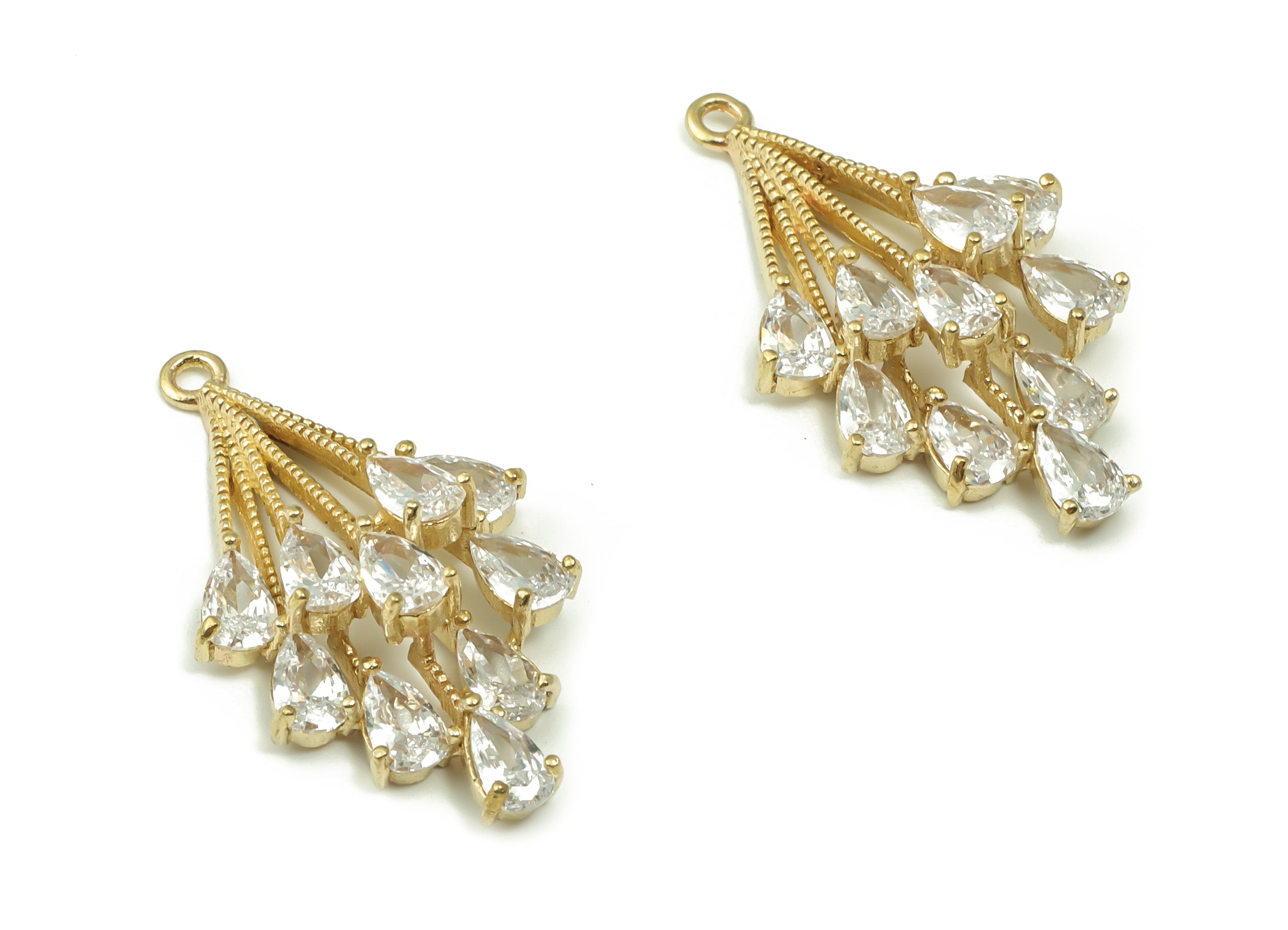 Raw Brass Flower Spike Earring Charm - Brass Zircon Leaves Pendant Charm - DIY Jewelry Making Supplies - 28.13x16.22x6.42mm - PP4860 - DOMEDBAZAAR