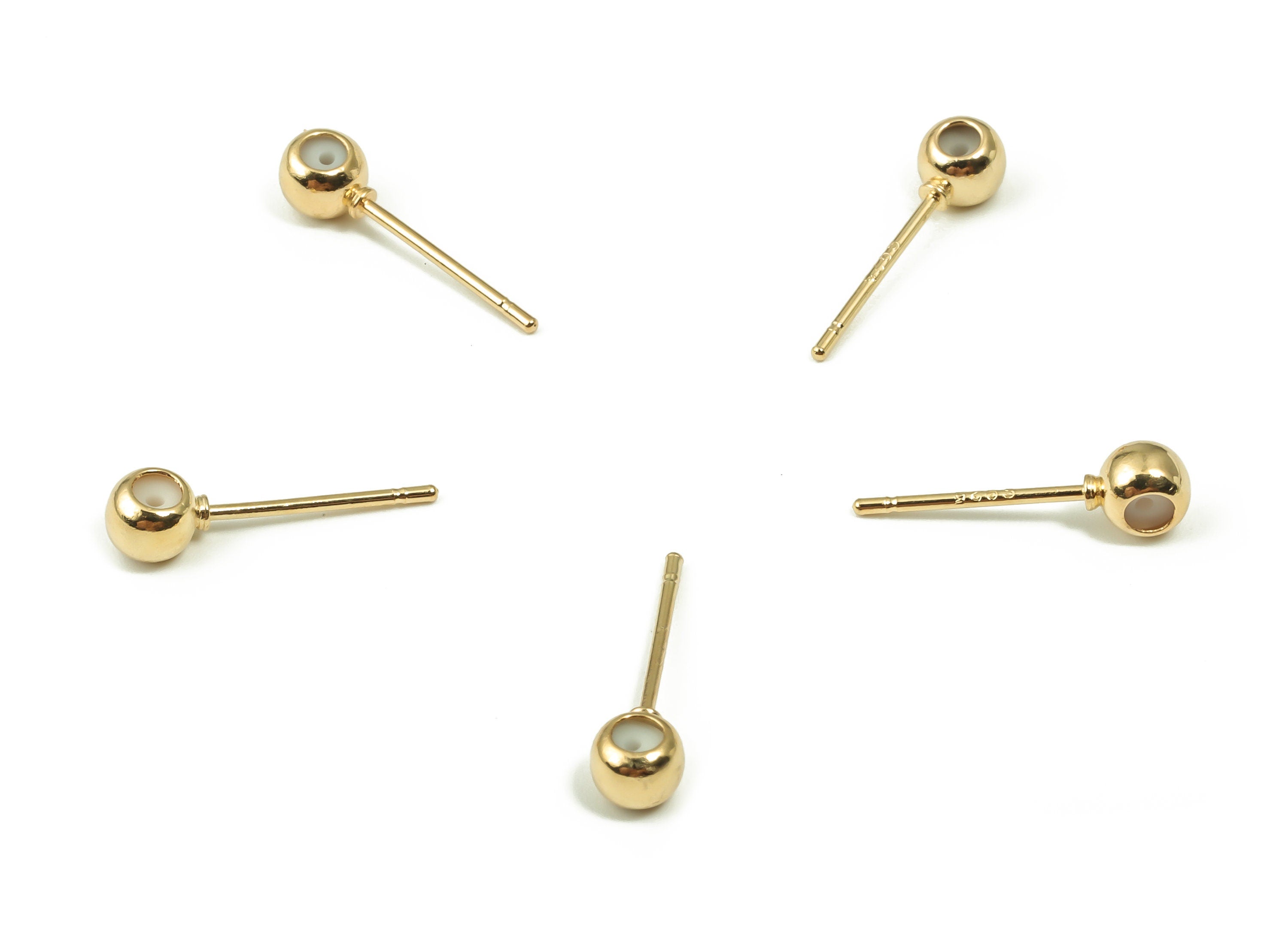 Brass Earring with Ball Pad Studs - Gold Ball Ear Posts - 925 Imitation Silver Needle - 18K Real Gold Plated Brass - 4.3x4.3x3.4mm - RGP4166 - DOMEDBAZAAR