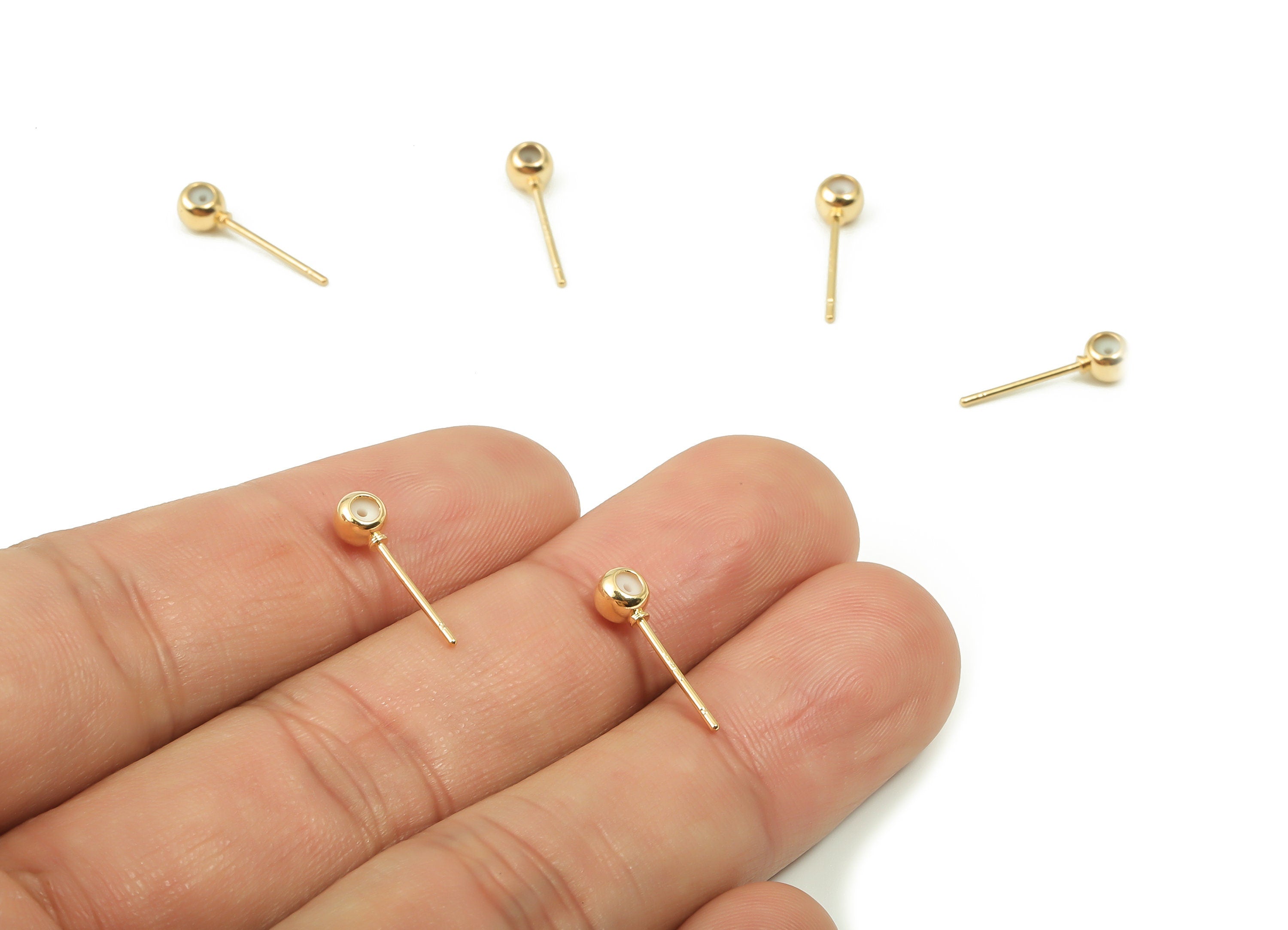 Brass Earring with Ball Pad Studs - Gold Ball Ear Posts - 925 Imitation Silver Needle - 18K Real Gold Plated Brass - 4.3x4.3x3.4mm - RGP4166 - DOMEDBAZAAR