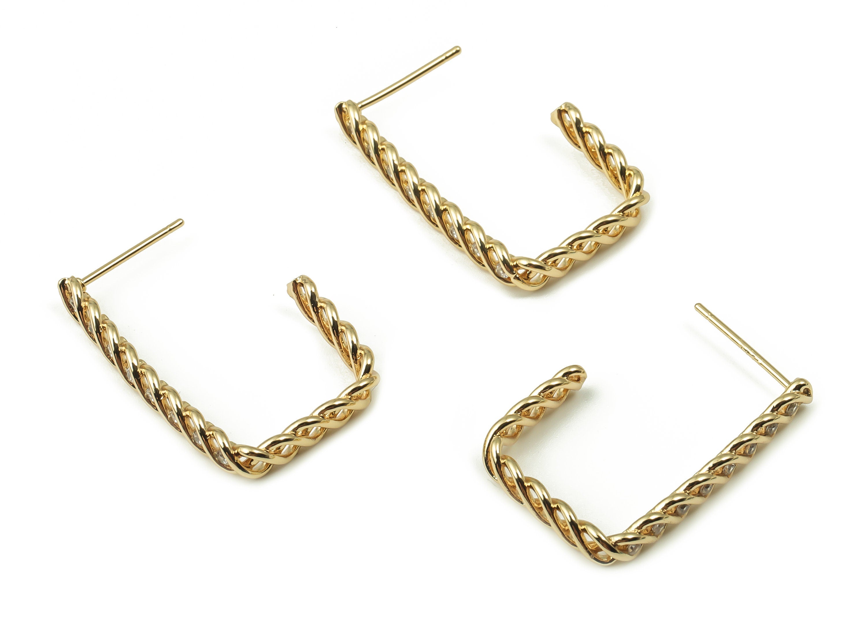 Brass Rectangle Stud With Zircons - Gold Rectangle Post - 925 Imitation Silver Needle - 18k Real Gold Plated Brass - 17.8x17.8x2mm - RGP4165 - DOMEDBAZAAR
