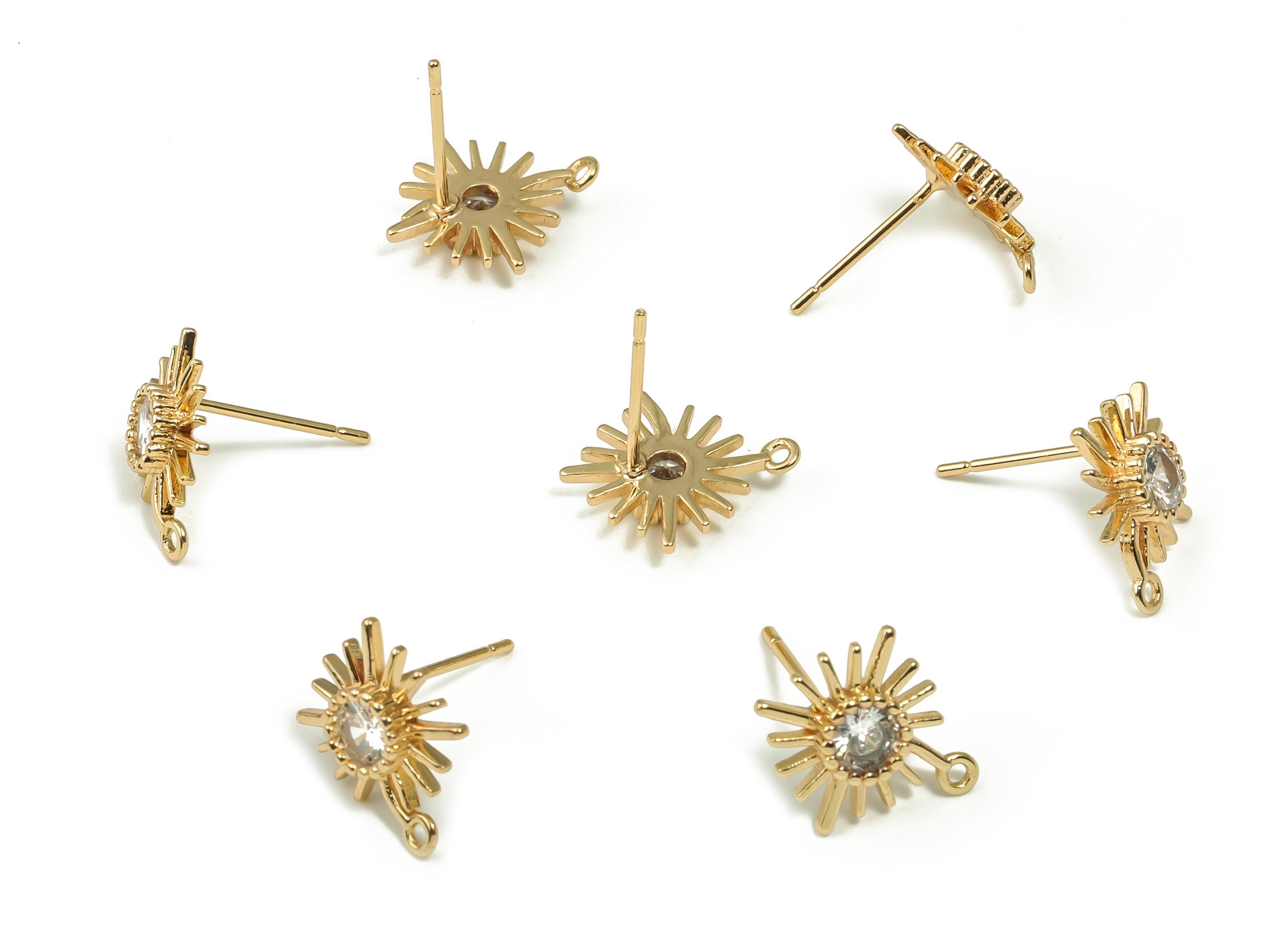 Brass Starburst Stud Earrings with Zircon - 18K Gold Plated Brass - 925 Imitation Silver Needle - Jewelry Making -14.5x12.41x2.78mm- RGP4152 - DOMEDBAZAAR