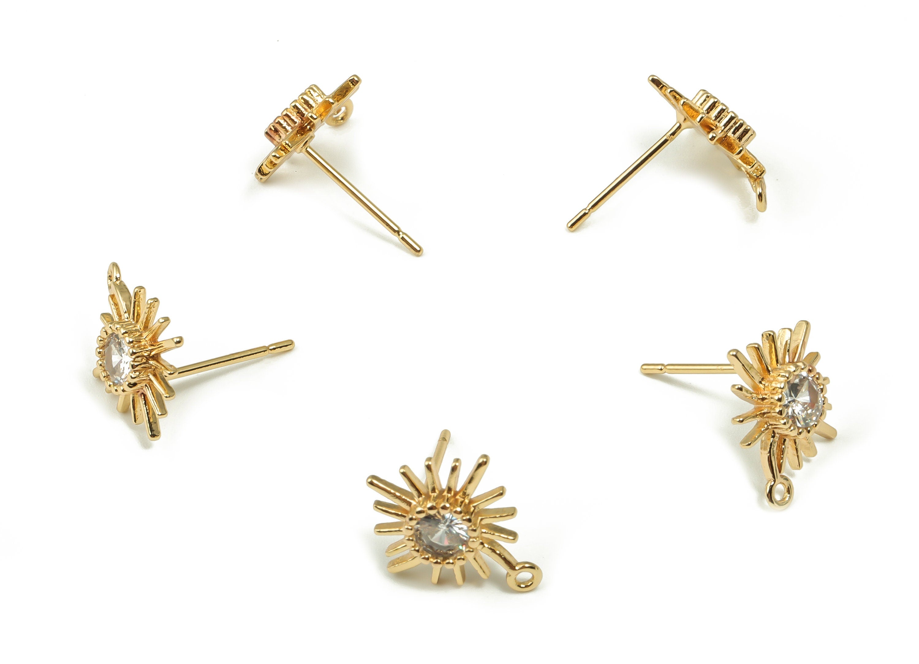 Brass Starburst Stud Earrings with Zircon - 18K Gold Plated Brass - 925 Imitation Silver Needle - Jewelry Making -14.5x12.41x2.78mm- RGP4152 - DOMEDBAZAAR