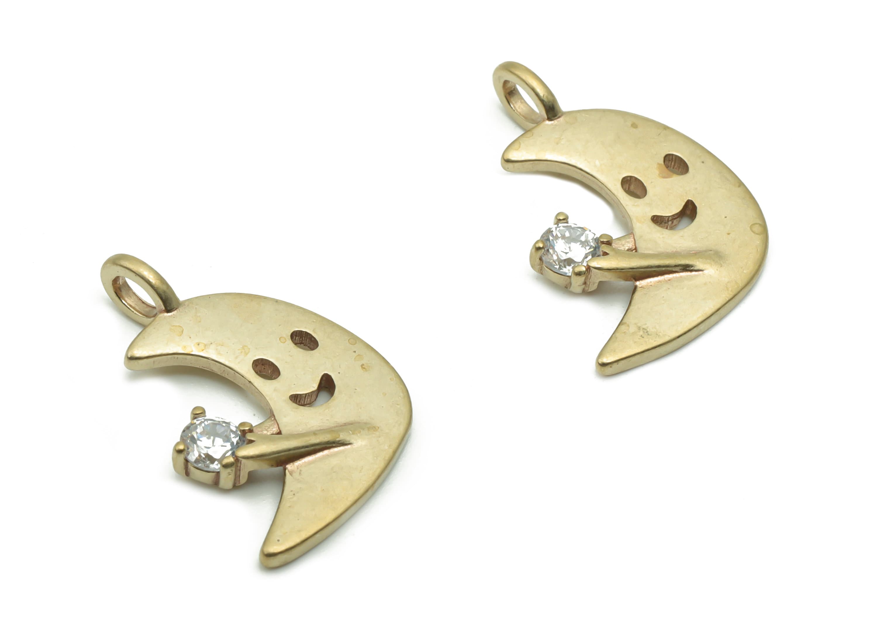 Brass Moon Smiley Earring Charms With Zircons - Raw Brass Crescent Pendant - Jewelry Making Supplies - 16.69x15.54x2.31mm - PP4946 - DOMEDBAZAAR