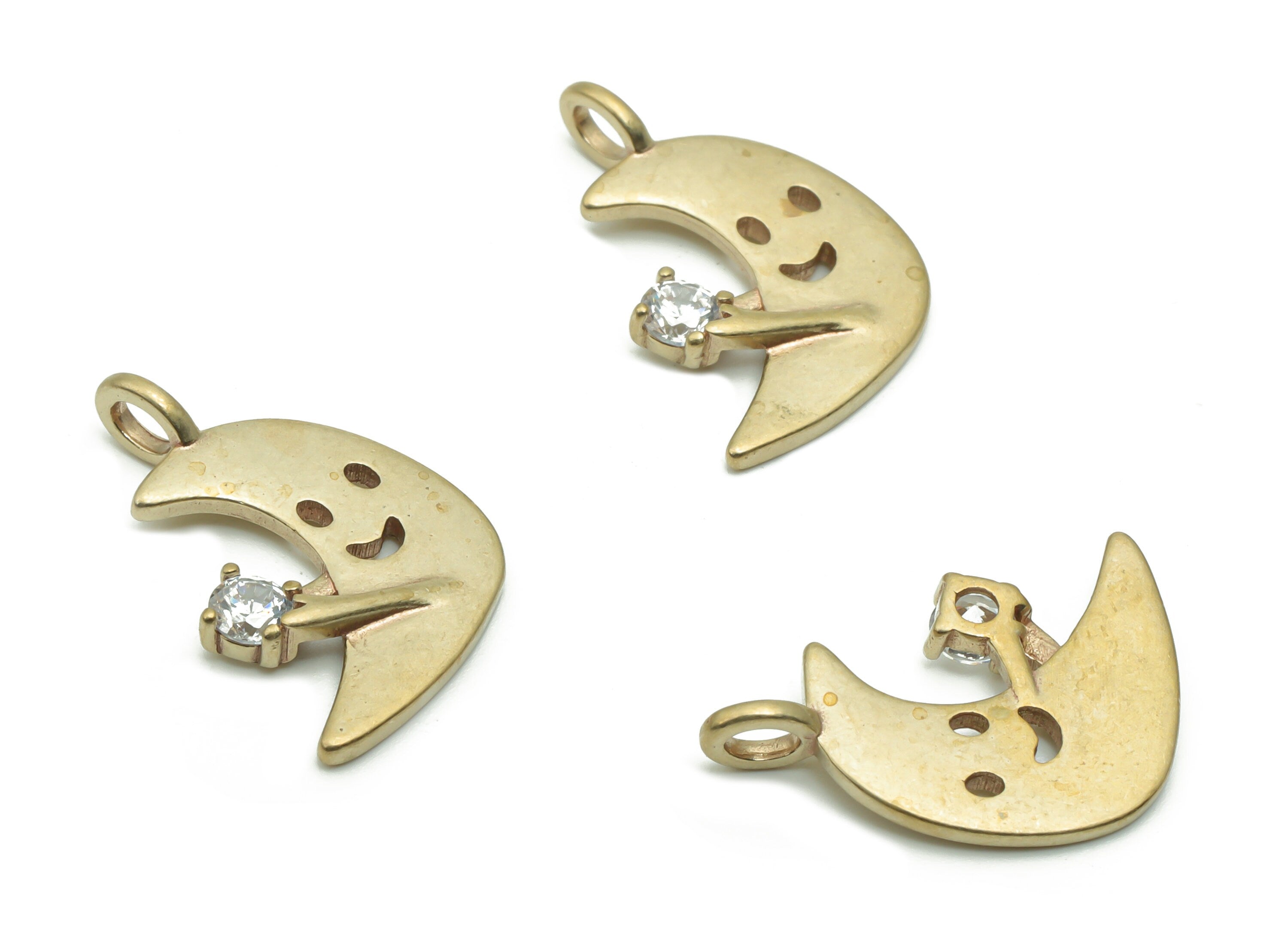 Brass Moon Smiley Earring Charms With Zircons - Raw Brass Crescent Pendant - Jewelry Making Supplies - 16.69x15.54x2.31mm - PP4946 - DOMEDBAZAAR