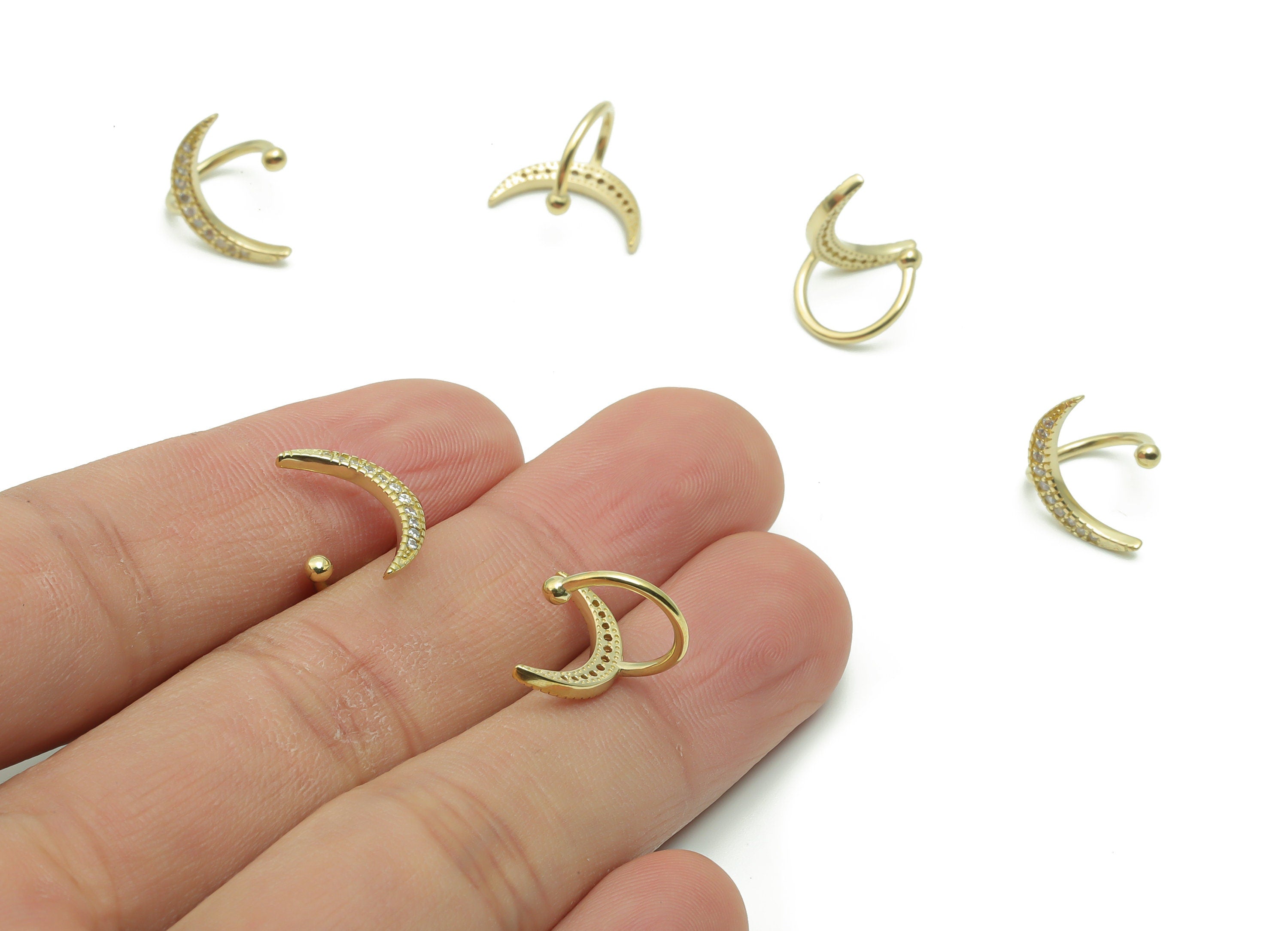 Brass Crescent Earring Cuff with Zircons - Raw Brass Moon Earring Hook- Brass Moon Earcuff - Crescent Necklace - 14.72x11.4x1.45mm -PP4943 - DOMEDBAZAAR