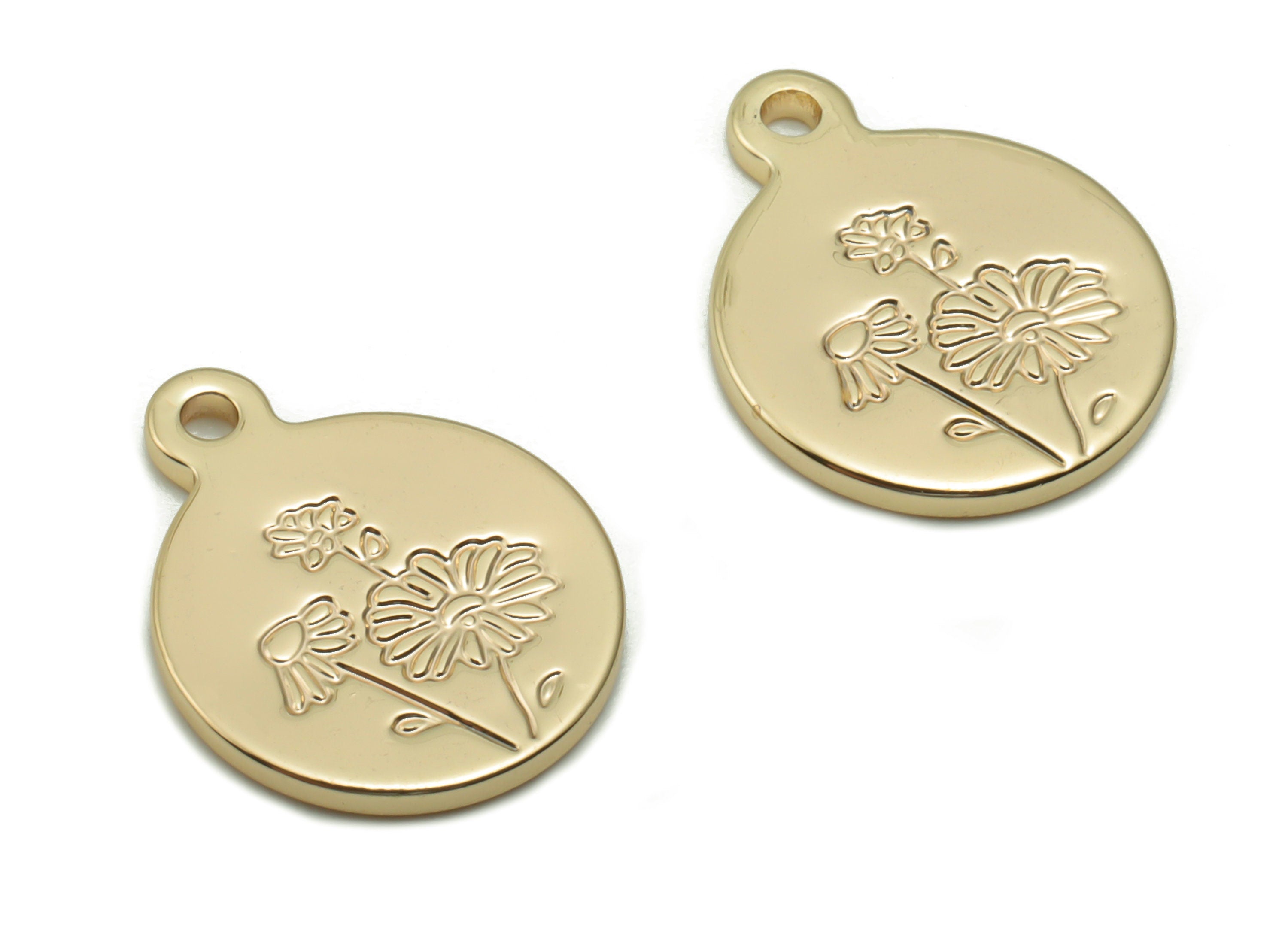 Brass Mini Round Flower Earring Charms - Gold Flower Engraved Pendant - 18K Real Gold Plated Brass - 14.96x12.04x1.22mm - RGP4200 - DOMEDBAZAAR