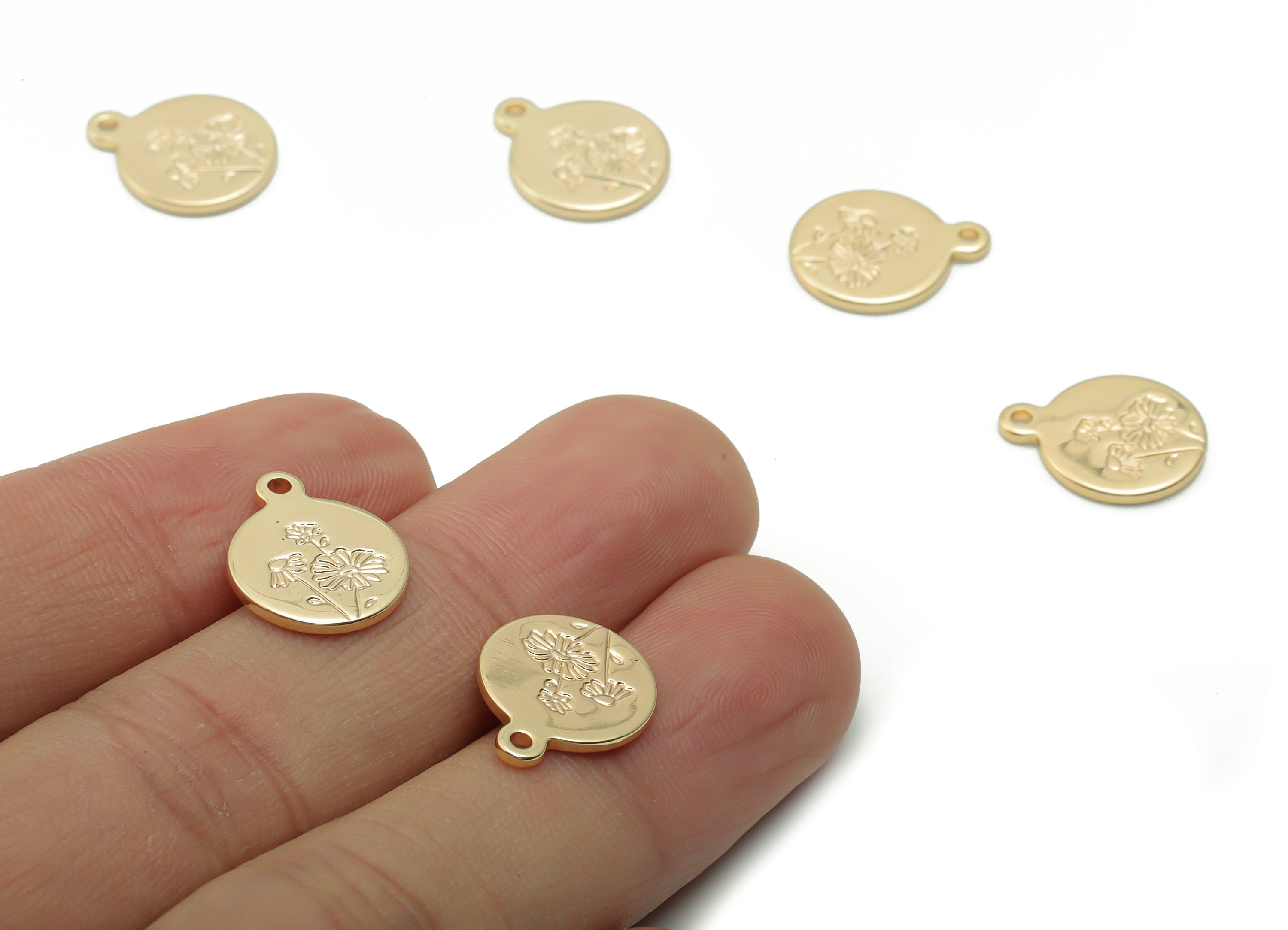 Brass Mini Round Flower Earring Charms - Gold Flower Engraved Pendant - 18K Real Gold Plated Brass - 14.96x12.04x1.22mm - RGP4200 - DOMEDBAZAAR