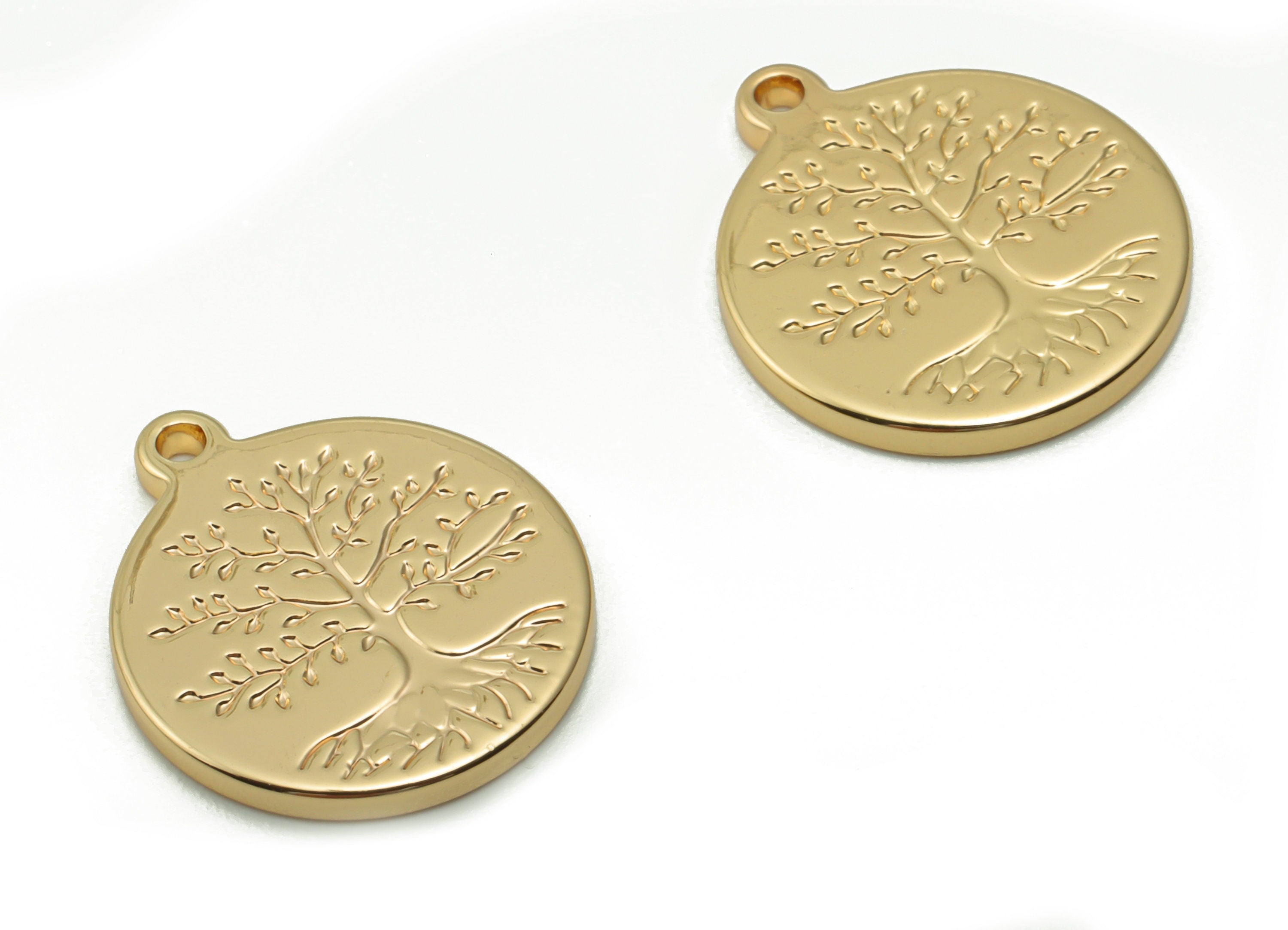 Brass Round Tree Root Earring Charms - Gold Circle Tree Root Pendant - 18K Real Gold Plated Brass - 17.45x15.1x1.59mm - RGP4204 - DOMEDBAZAAR