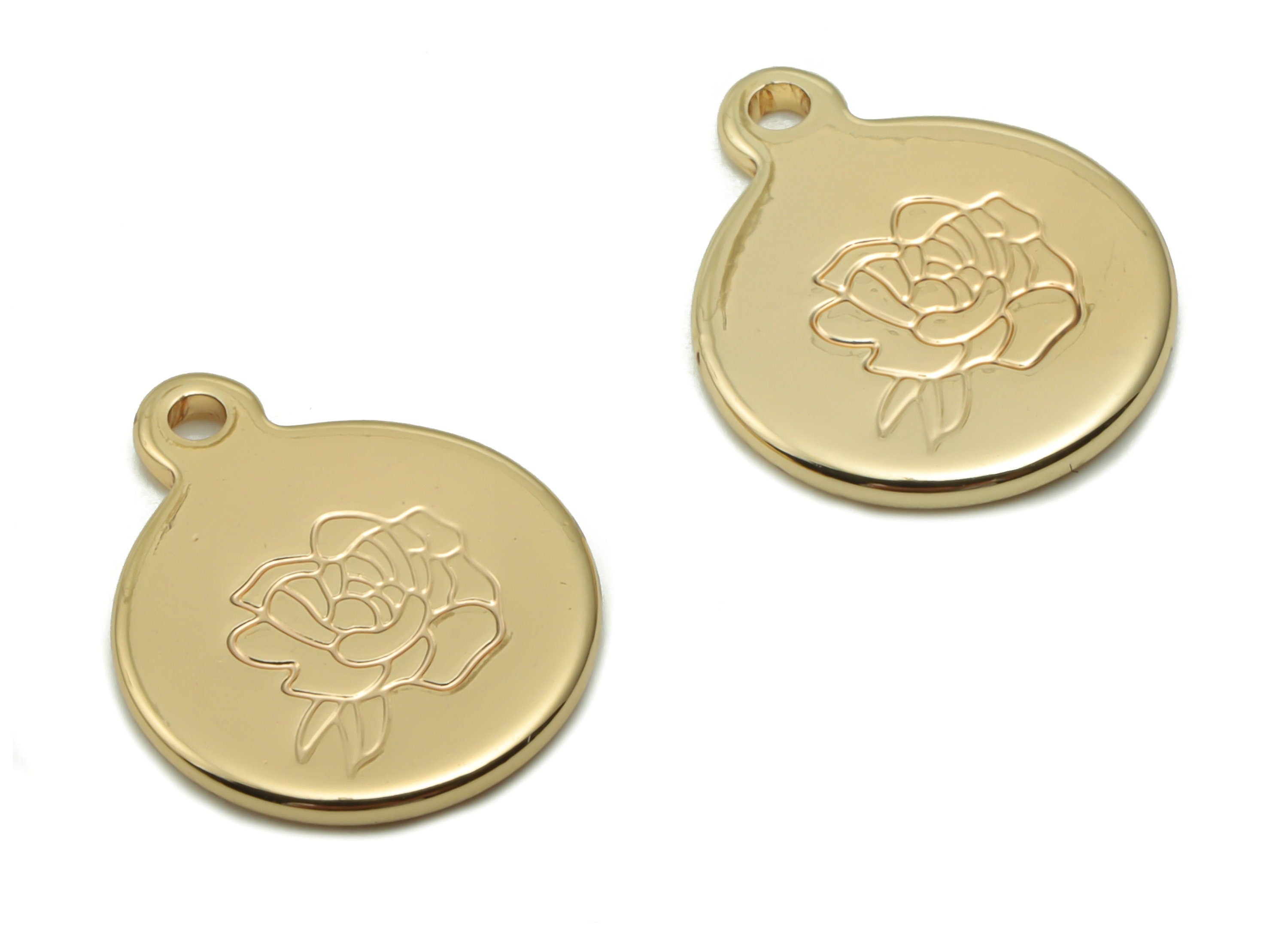 Brass Mini Round Lotus Earring Charms - Gold Flower Engraved Pendant - 18K Real Gold Plated Brass - 14.94x12.03x1.22mm - RGP4203 - DOMEDBAZAAR