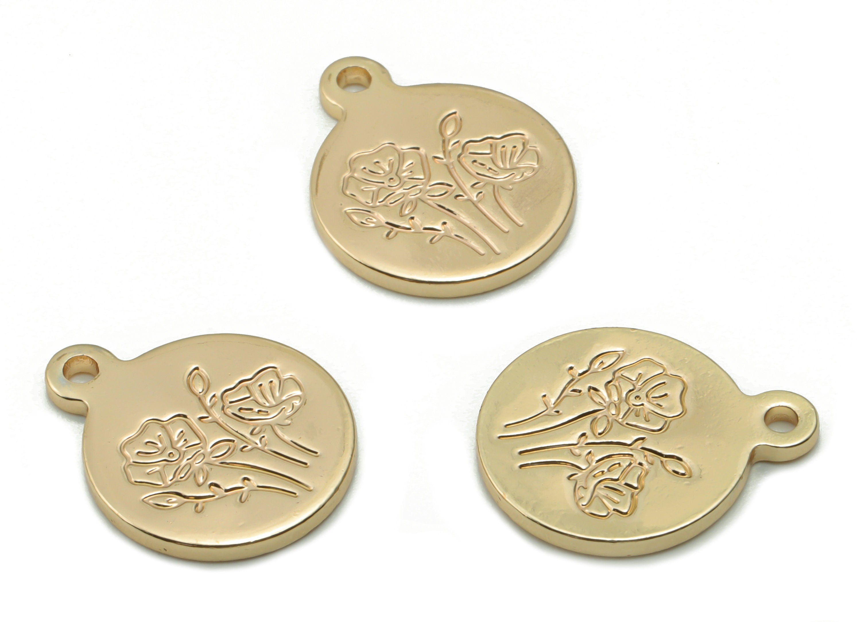 Brass Mini Round Flower Earring Charms - Gold Flower Engraved Pendant - 18K Real Gold Plated Brass - 14.96x12.04x1.23mm - RGP4206 - DOMEDBAZAAR