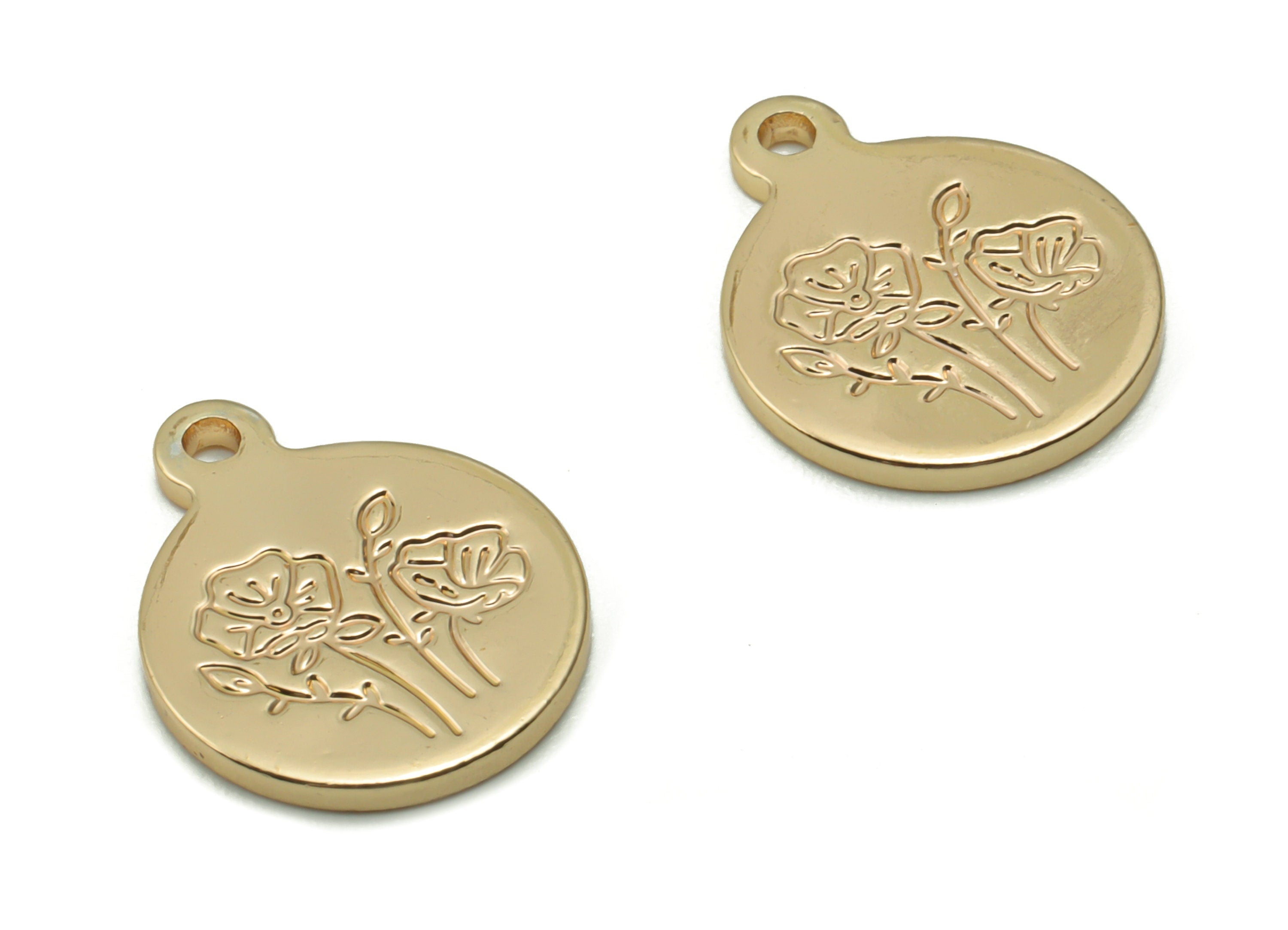 Brass Mini Round Flower Earring Charms - Gold Flower Engraved Pendant - 18K Real Gold Plated Brass - 14.96x12.04x1.23mm - RGP4206 - DOMEDBAZAAR