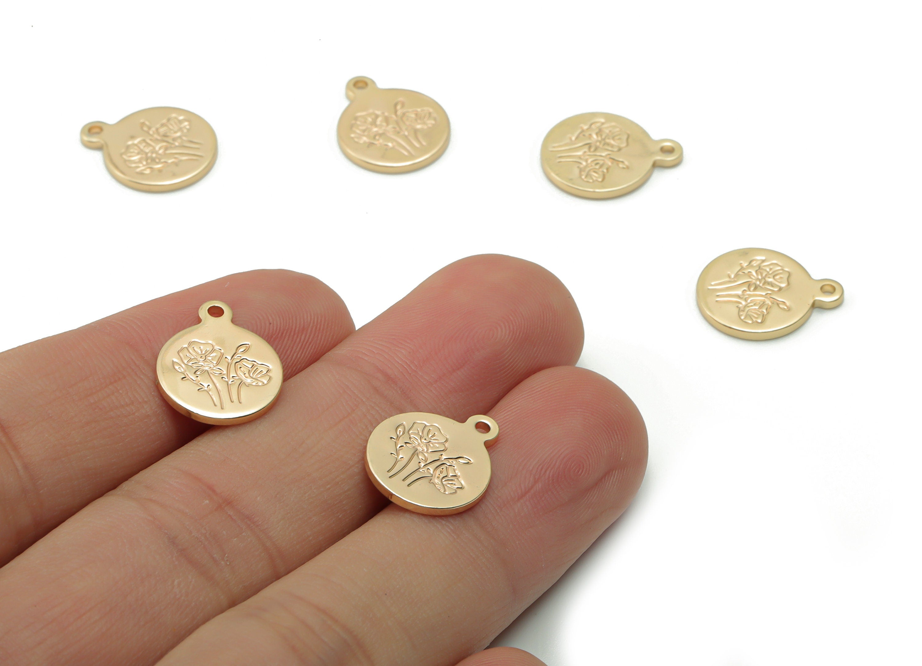 Brass Mini Round Flower Earring Charms - Gold Flower Engraved Pendant - 18K Real Gold Plated Brass - 14.96x12.04x1.23mm - RGP4206 - DOMEDBAZAAR
