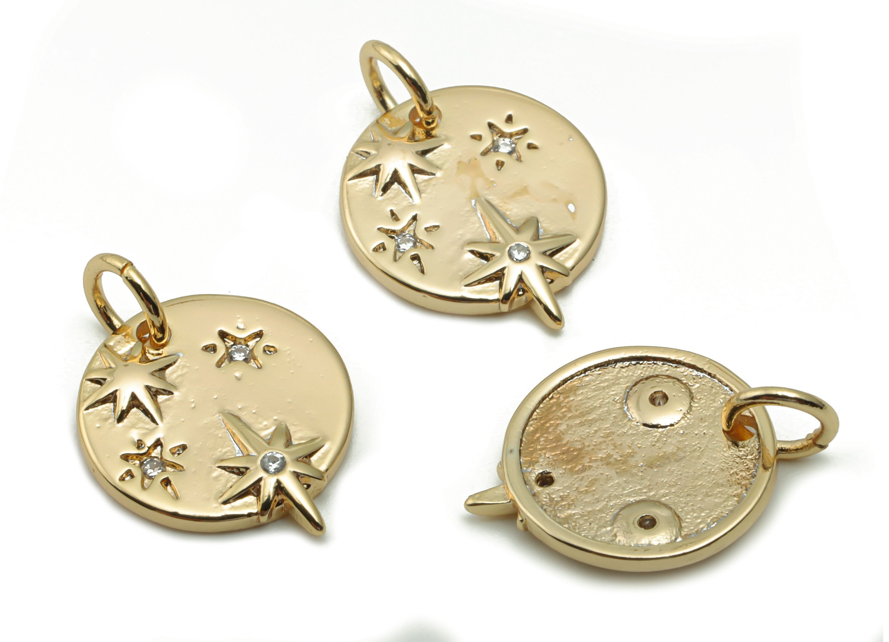Brass Round Planet Earring Charms With Zircons - Gold Circle Star With Loop Pendant - 18K Real Gold Plated Brass - 17.1x12.1x1.6mm - RGP4187 - DOMEDBAZAAR