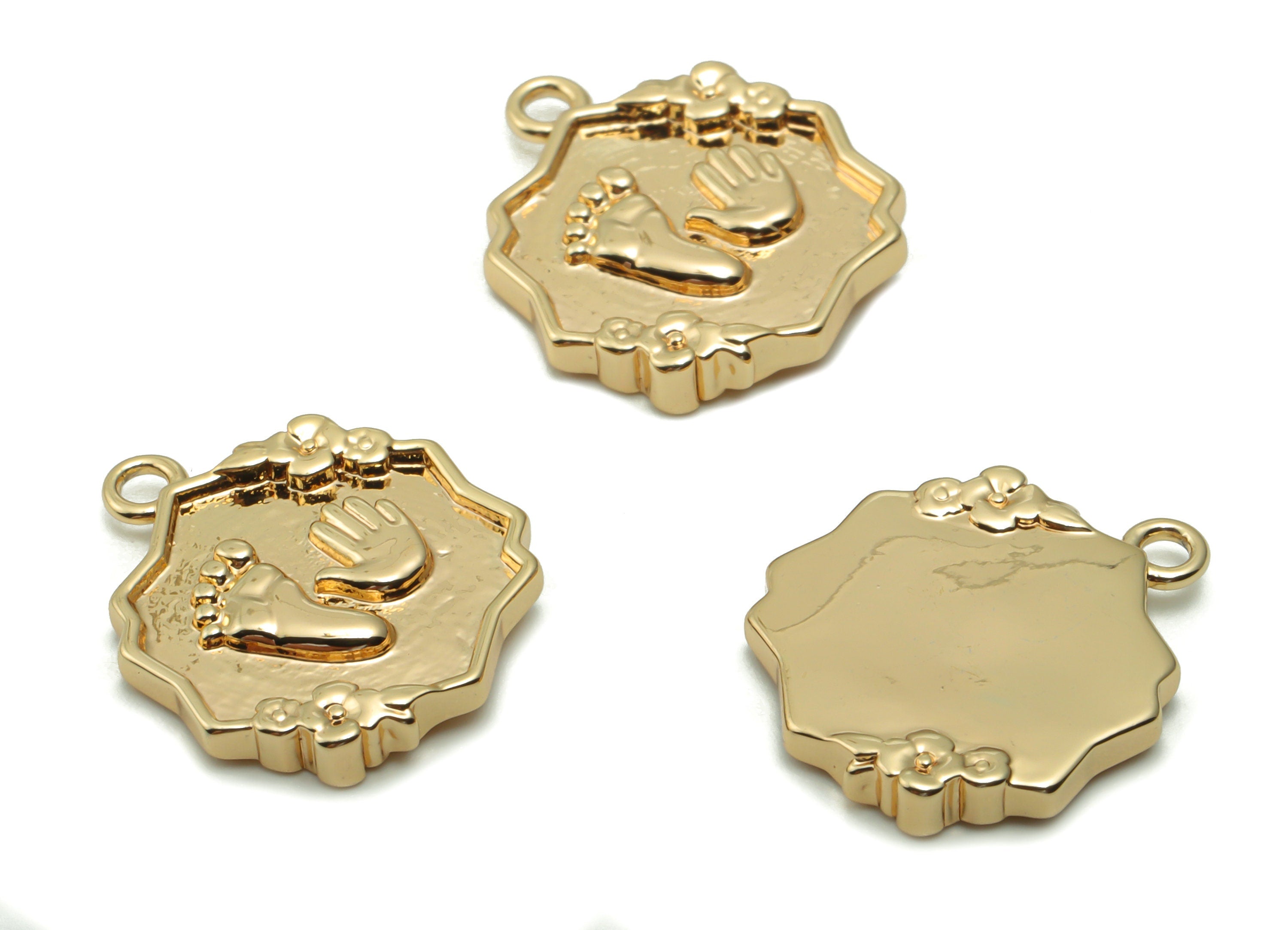 Brass Hexagon Flower Earring Charms - Gold Hands and Feet Pendant - 18K Real Gold Plated Brass - 16.98x14.39x2.47mm - RGP4198 - DOMEDBAZAAR