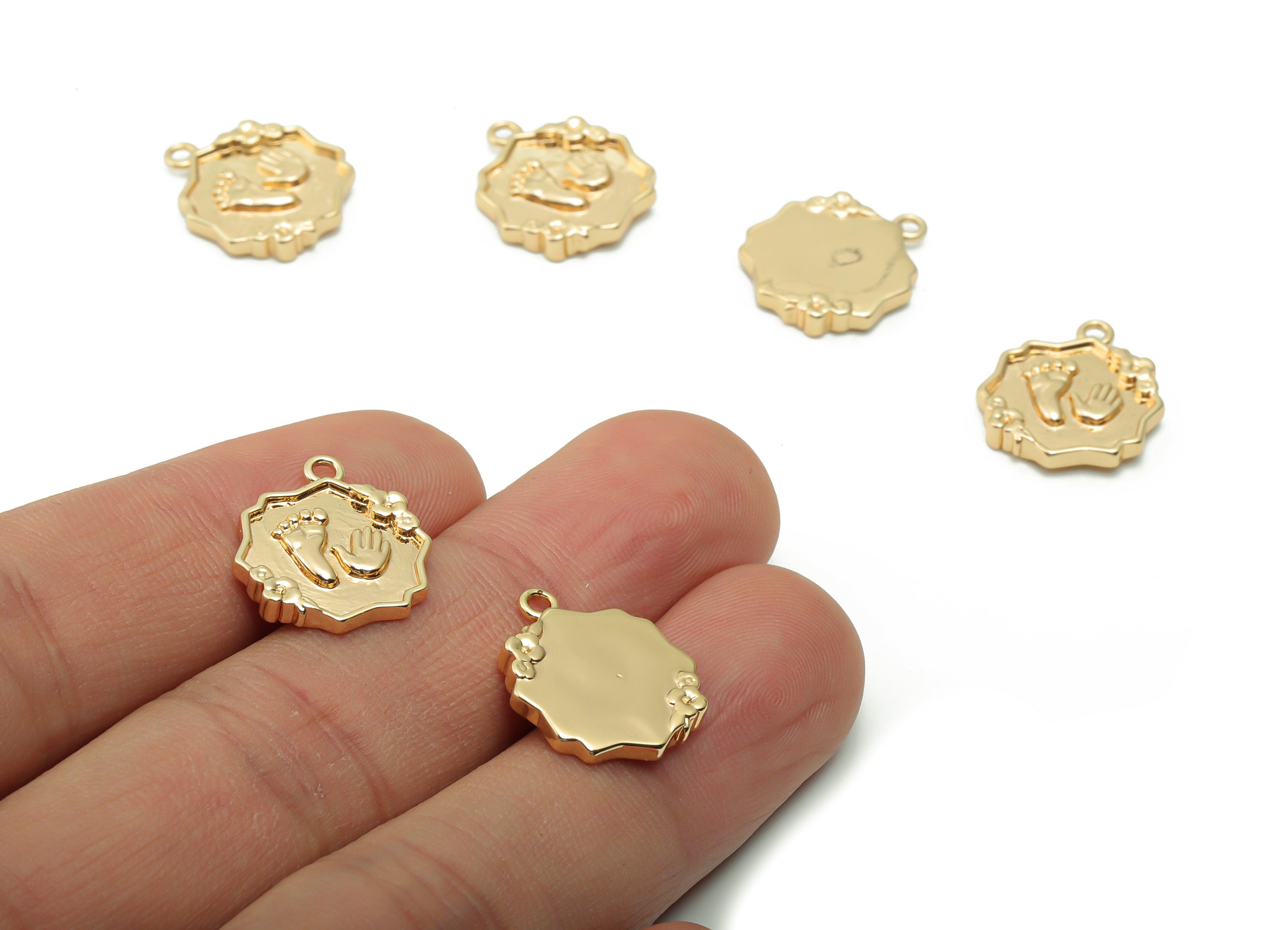 Brass Hexagon Flower Earring Charms - Gold Hands and Feet Pendant - 18K Real Gold Plated Brass - 16.98x14.39x2.47mm - RGP4198 - DOMEDBAZAAR