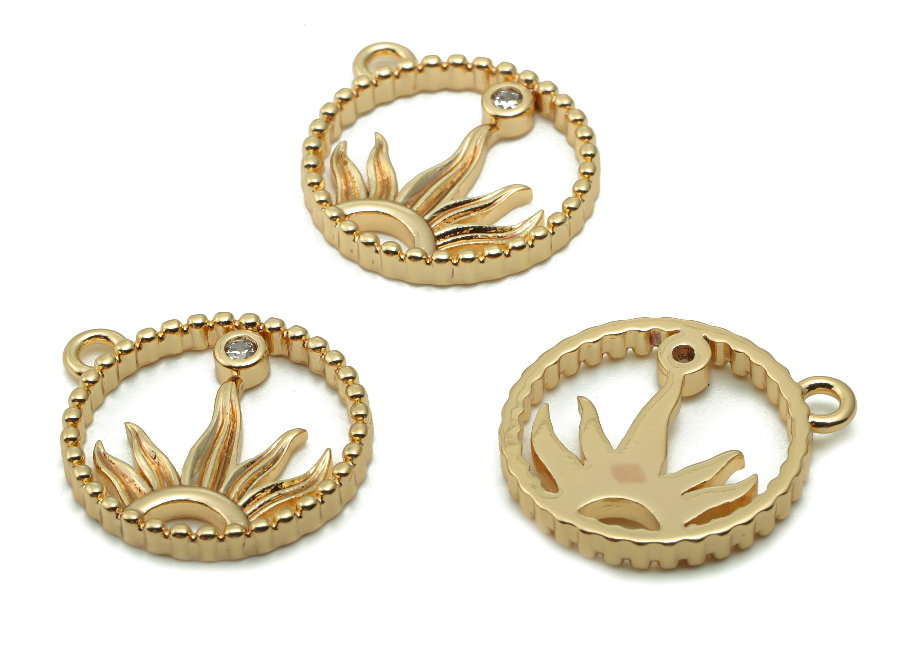 Brass Round Sunflower Earring Charms With Zircons - Gold Compass Pendant - 18K Real Gold Plated Brass - 15.72x13.5x1.83mm - RGP4192 - DOMEDBAZAAR