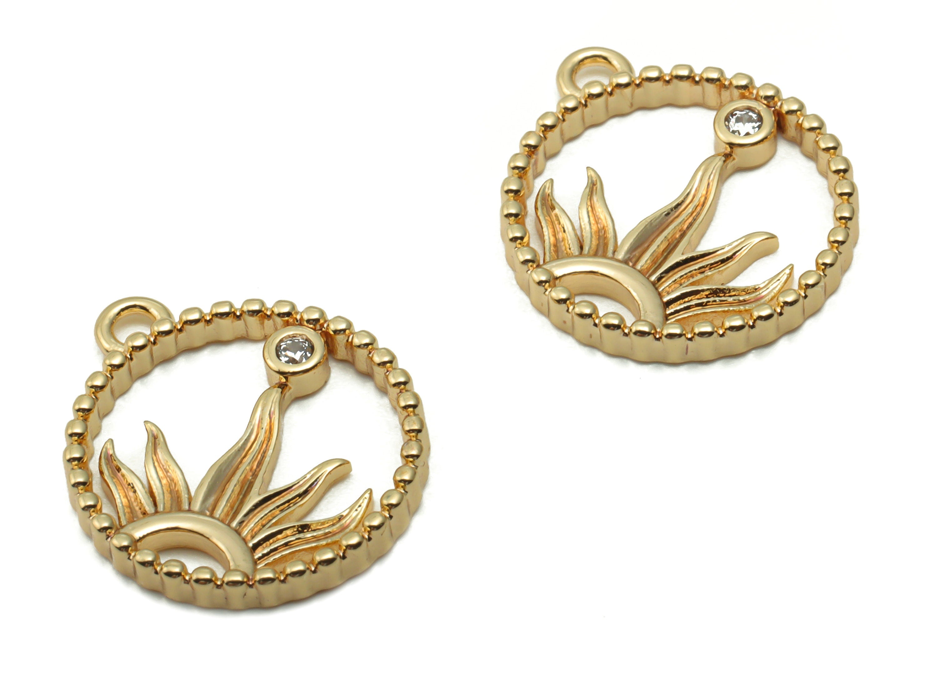 Brass Round Sunflower Earring Charms With Zircons - Gold Compass Pendant - 18K Real Gold Plated Brass - 15.72x13.5x1.83mm - RGP4192 - DOMEDBAZAAR