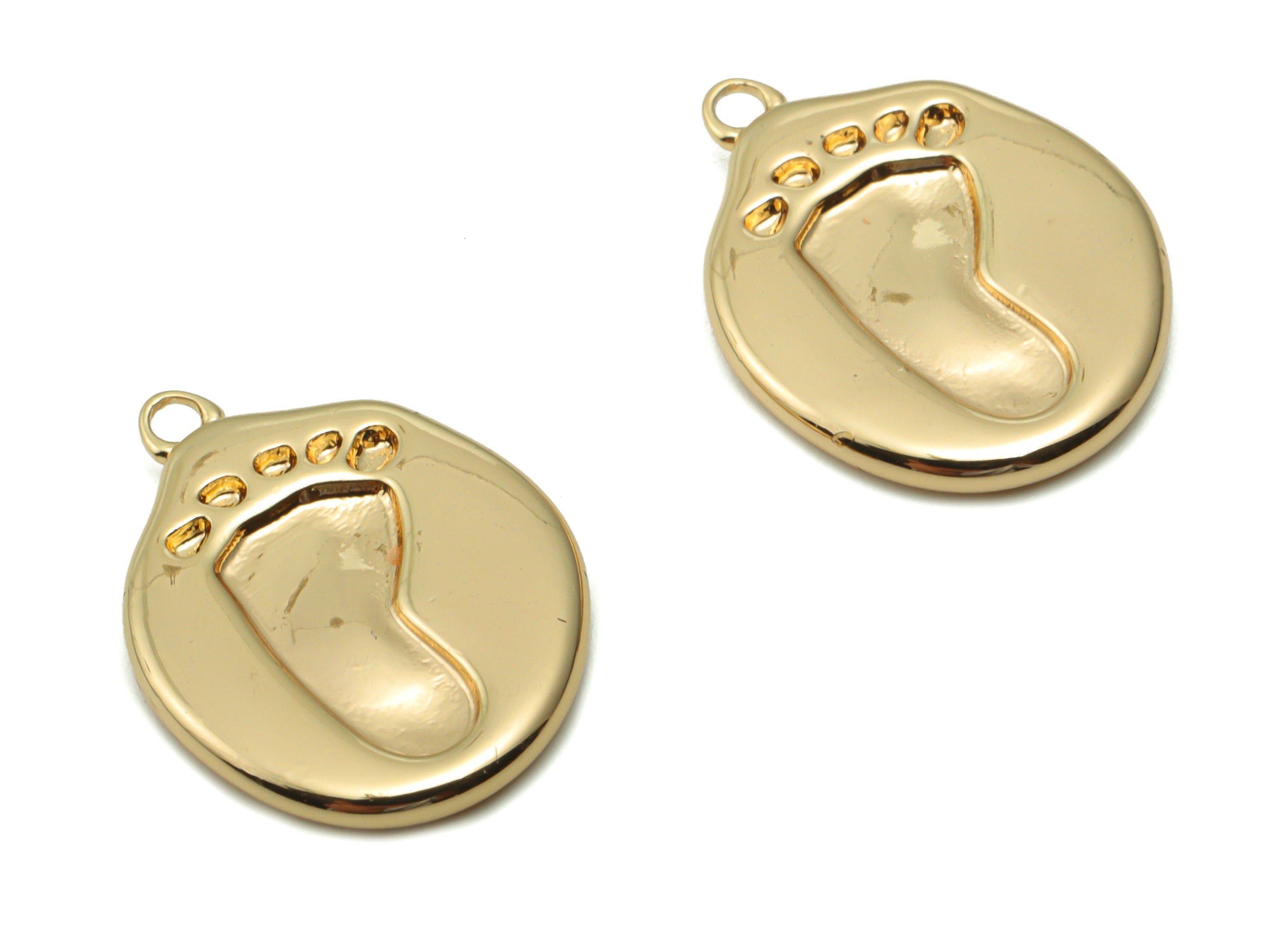 Brass Round Footprint Earring Charms - Gold Circle Footprint Pendant - 18K Real Gold Plated Brass - 18.41x13.76x1.84mm - RGP4199 - DOMEDBAZAAR