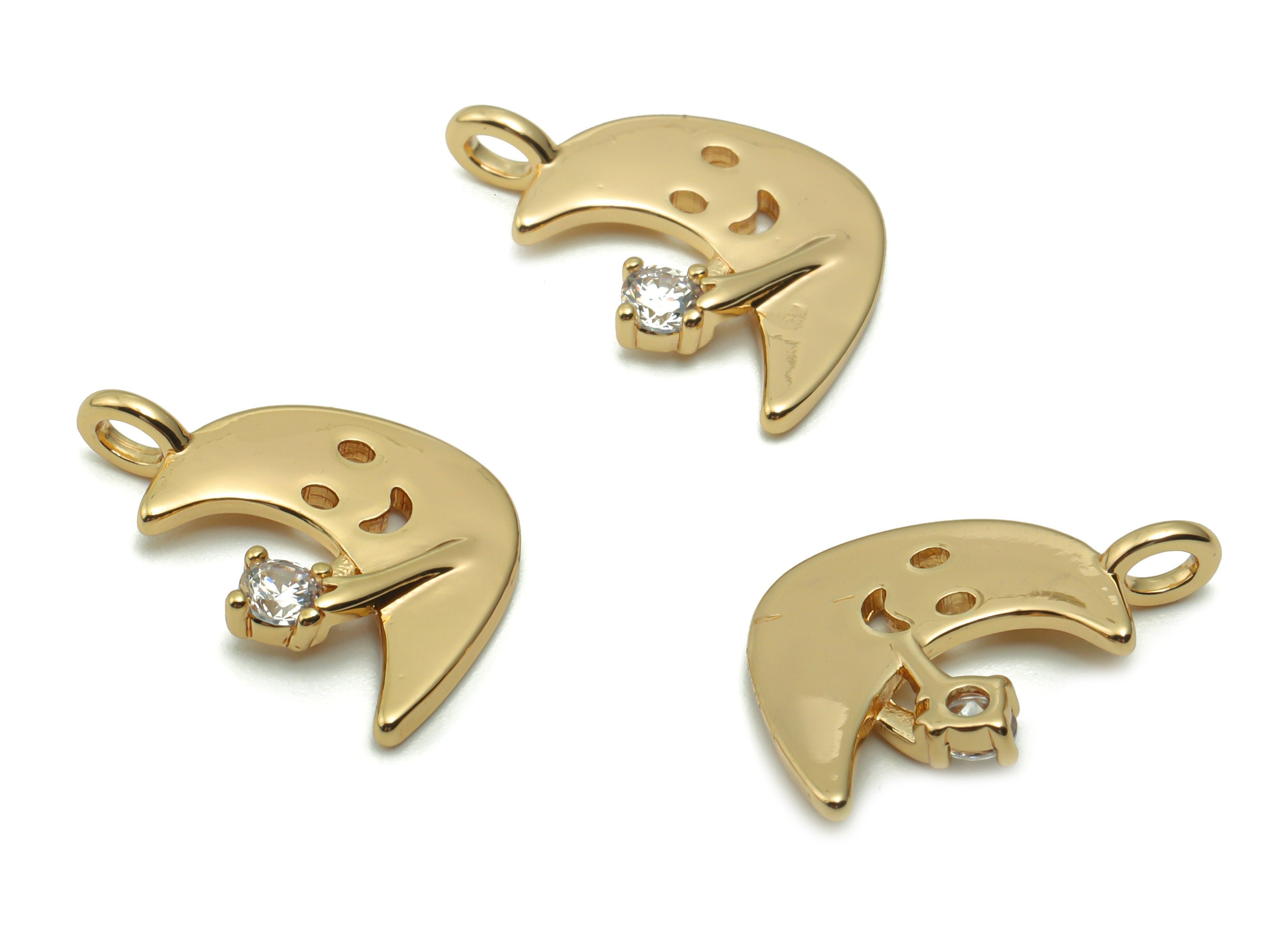 Brass Moon Smiley Earring Charms With Zircons - Gold Crescent Pendant - 18K Real Gold Plated Brass - 18.11x11.9x2.31mm - RGP4184 - DOMEDBAZAAR