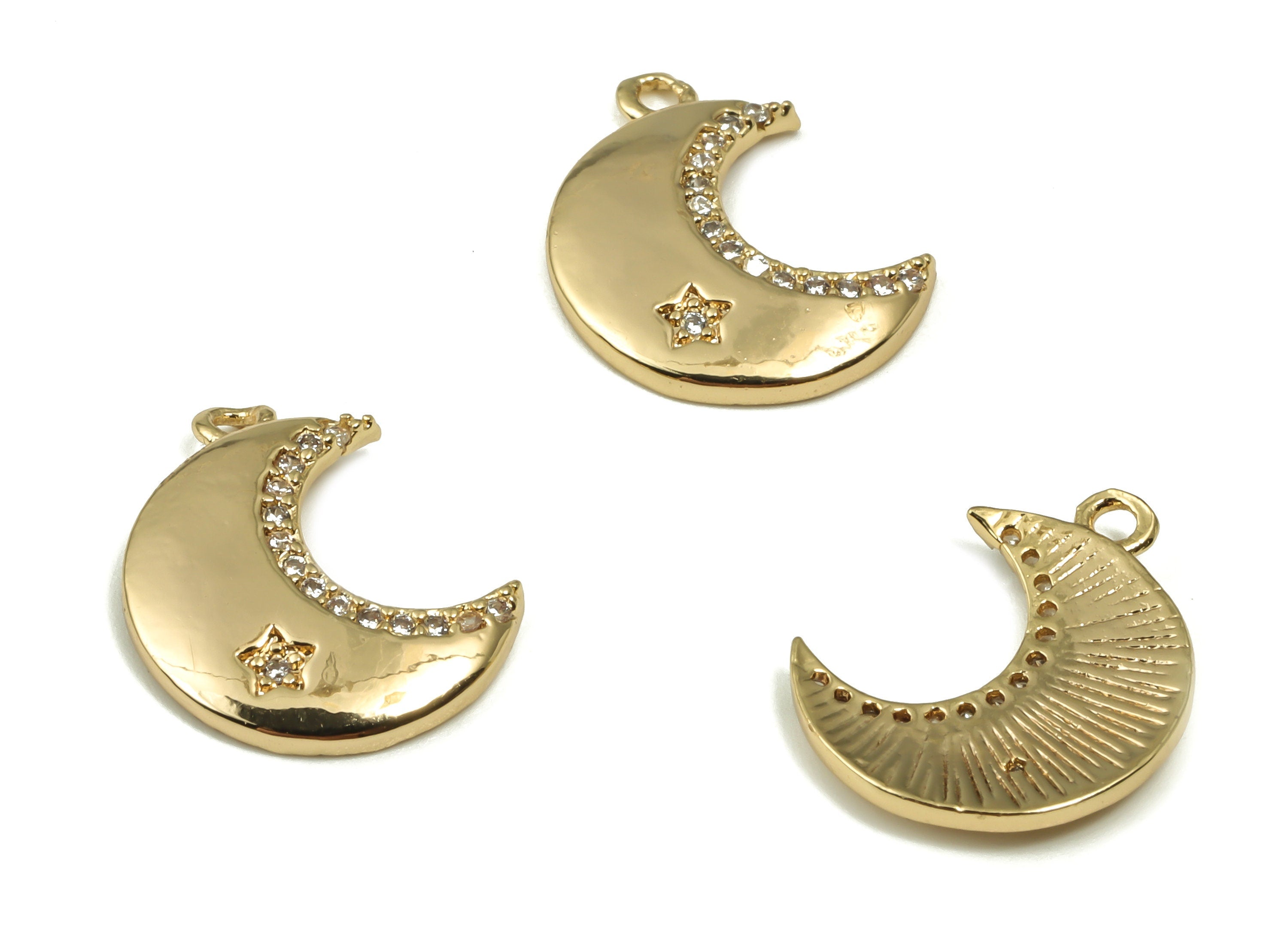 Brass Crescent Earring Charms With Zircons - Gold Moon Star Pendant - 18K Real Gold Plated Brass - 13.71x12.36x1.89mm - RGP4156 - DOMEDBAZAAR
