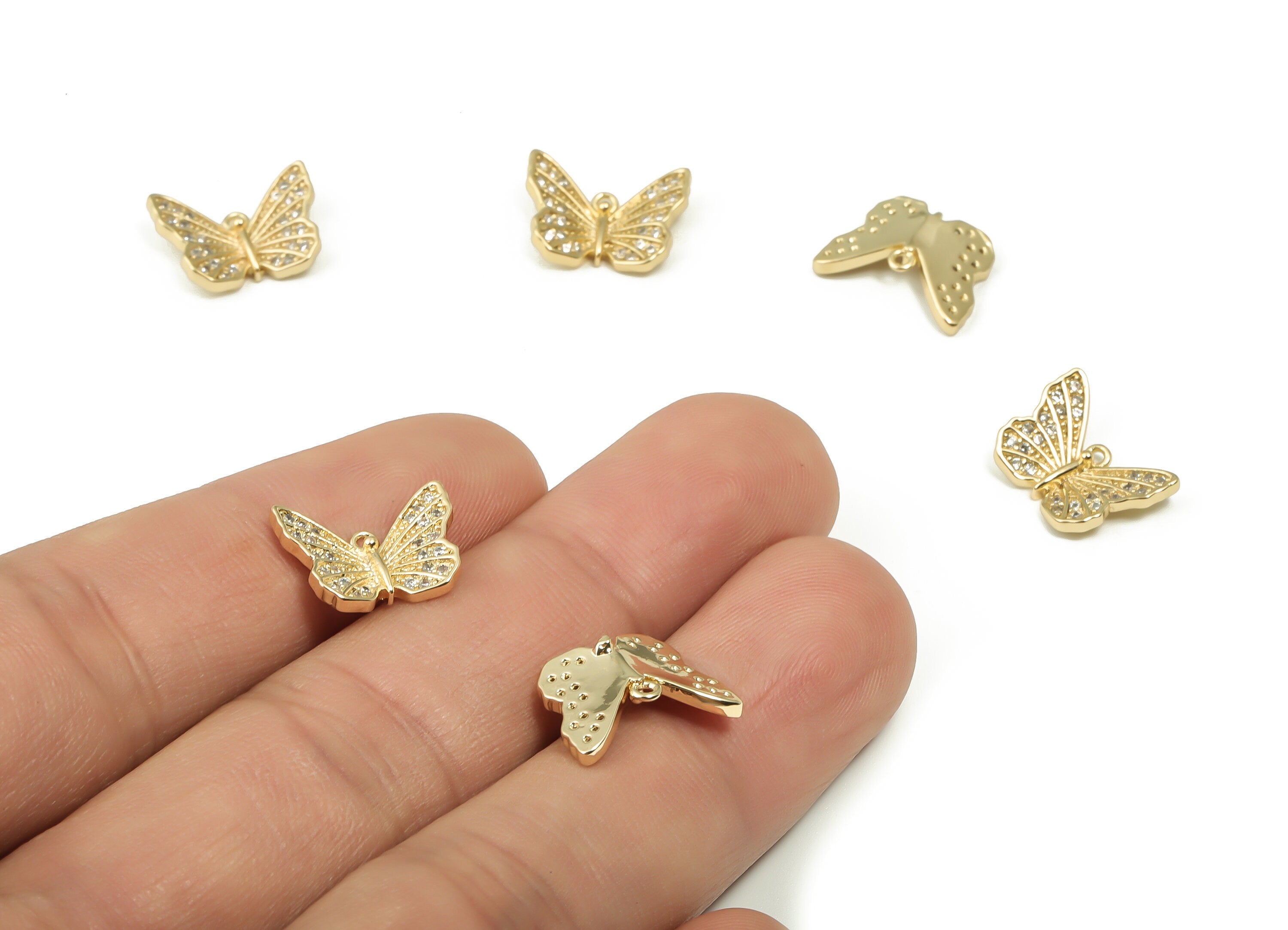 Brass Butterfly Earring Charms With Zircons - Gold Butterfly Pendant - 18K Real Gold Plated Brass - 13.86x10.46x1.38mm - RGP4153 - DOMEDBAZAAR