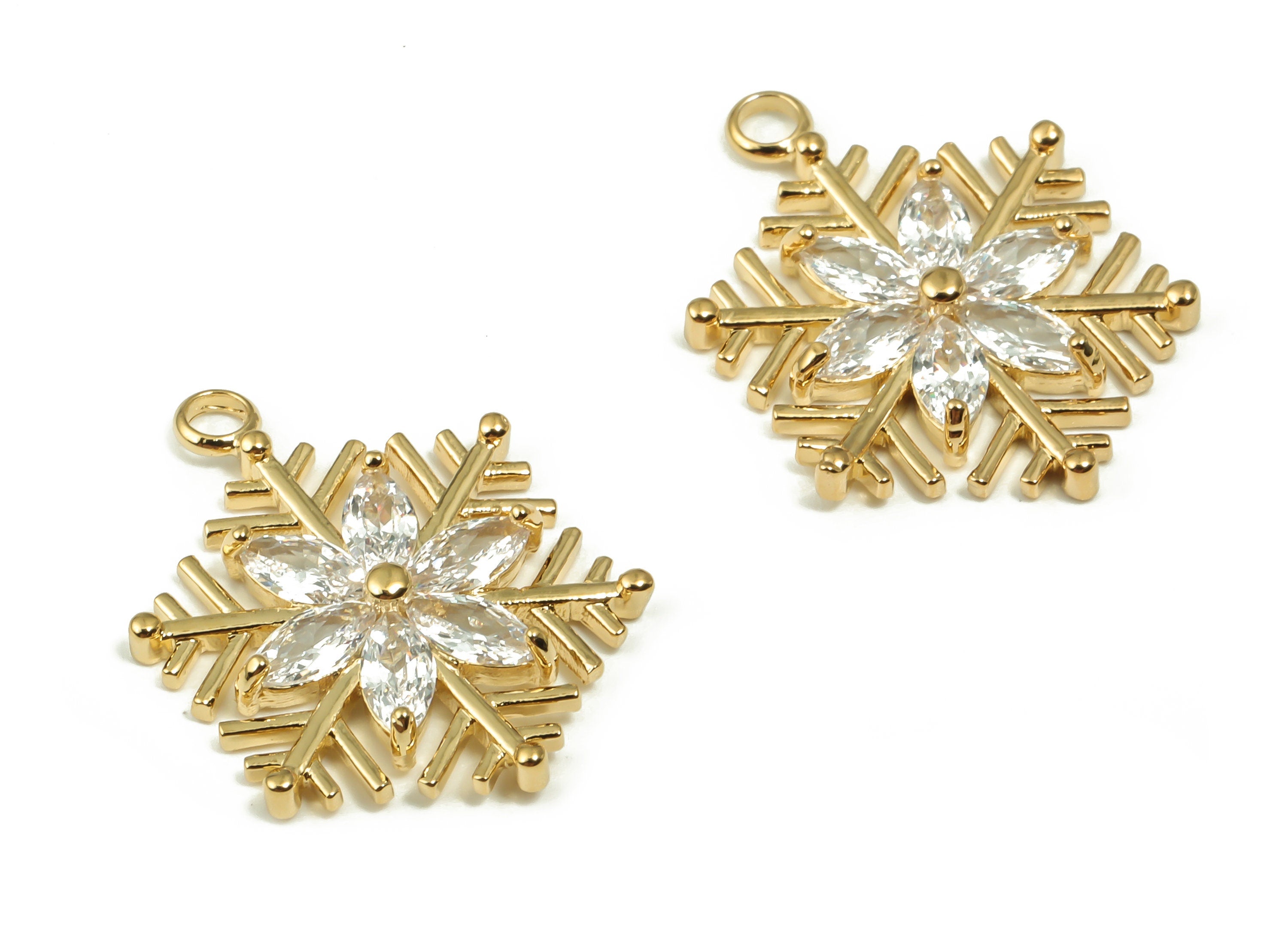 Brass Snowflake Earring Charms With Zircons - Gold Flower Pendant - 18K Real Gold Plated Brass - Jewelry Supplies - 20.4x15.5x2.8mm -RGP4149 - DOMEDBAZAAR