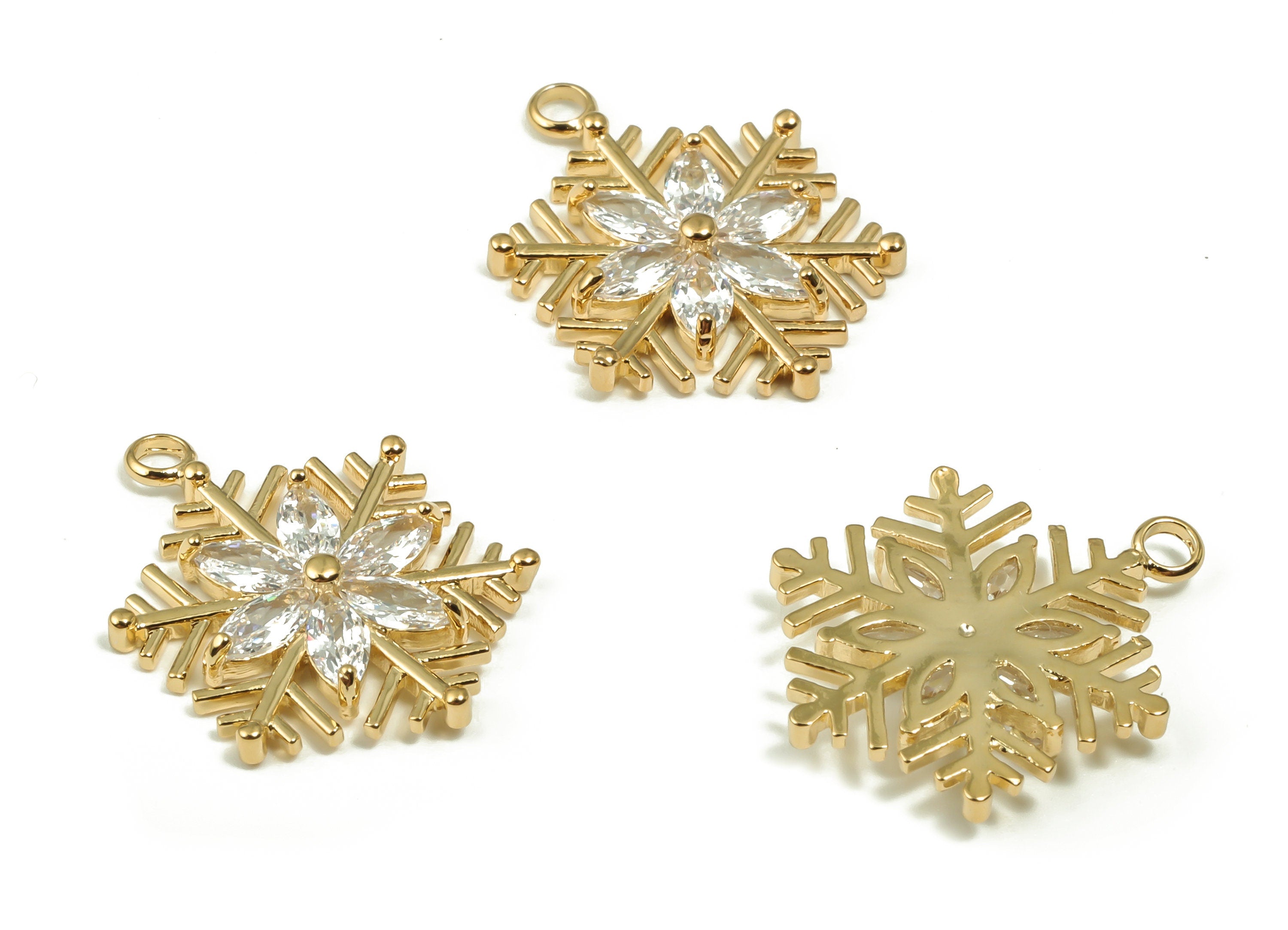 Brass Snowflake Earring Charms With Zircons - Gold Flower Pendant - 18K Real Gold Plated Brass - Jewelry Supplies - 20.4x15.5x2.8mm -RGP4149 - DOMEDBAZAAR