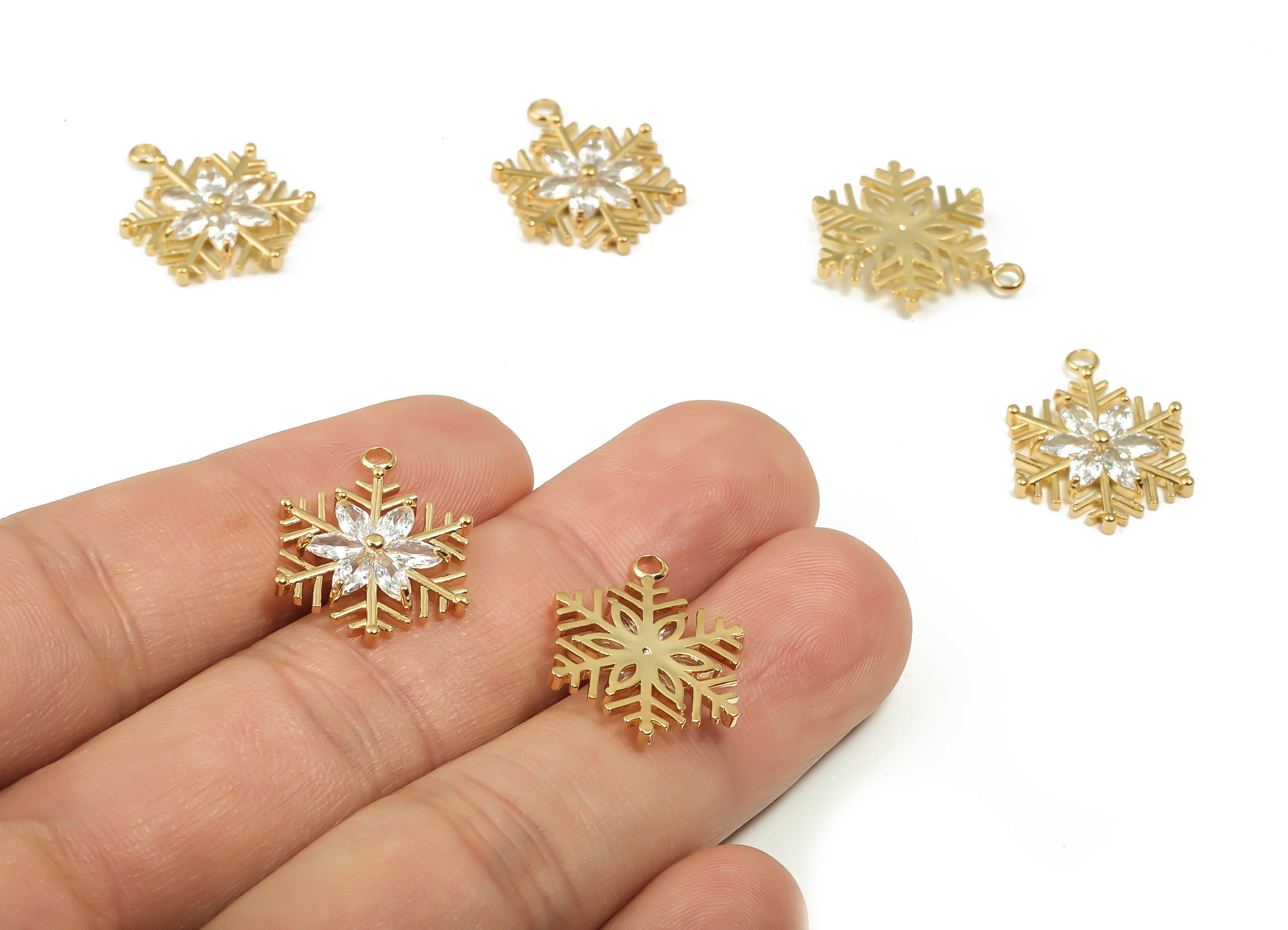 Brass Snowflake Earring Charms With Zircons - Gold Flower Pendant - 18K Real Gold Plated Brass - Jewelry Supplies - 20.4x15.5x2.8mm -RGP4149 - DOMEDBAZAAR