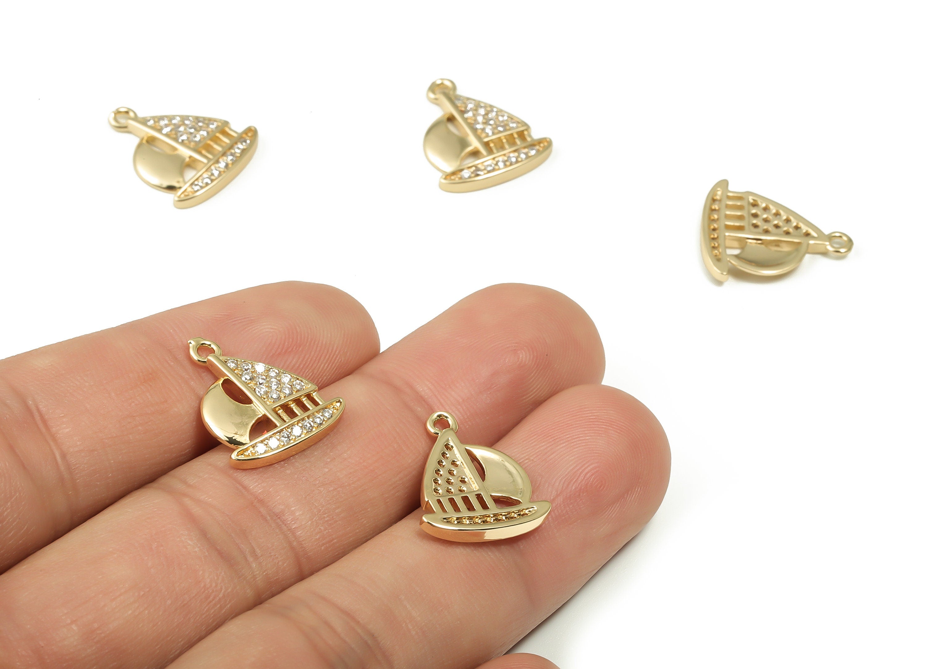 Brass Sailing Earring Charms With Zircons - Gold Sailboat Pendant - 18K Real Gold Plated Brass - 16.63x14.15x2.11mm - RGP4158 - DOMEDBAZAAR