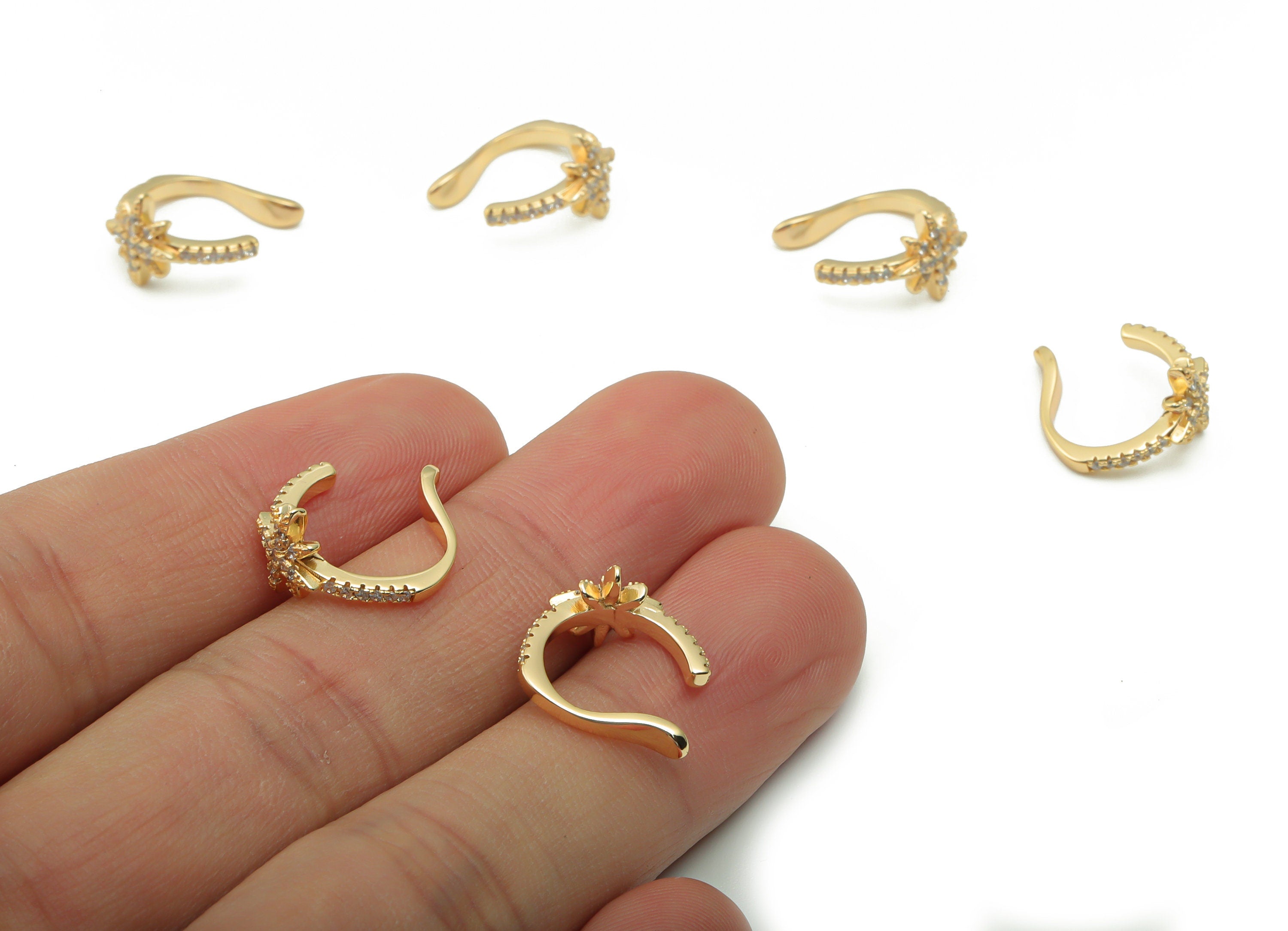 Brass Planet Earring Earcuff With Zircons - Gold Star Earcuff  - 18K Real Gold Plated Brass - Jewelry Supplies - 14.83x13.9x2.68mm - RGP4186 - DOMEDBAZAAR