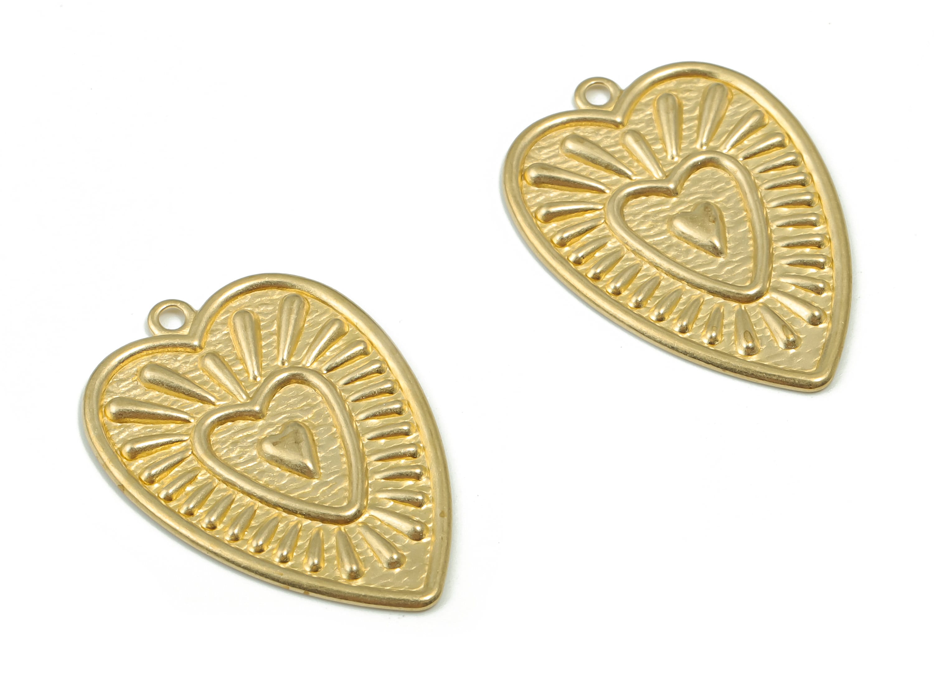 Brass Hearts Earring Charms - Raw Brass Sun Pendant - DIY Jewelry Making Supplies - 28.65x20.16x1.14mm - PP4886 - DOMEDBAZAAR