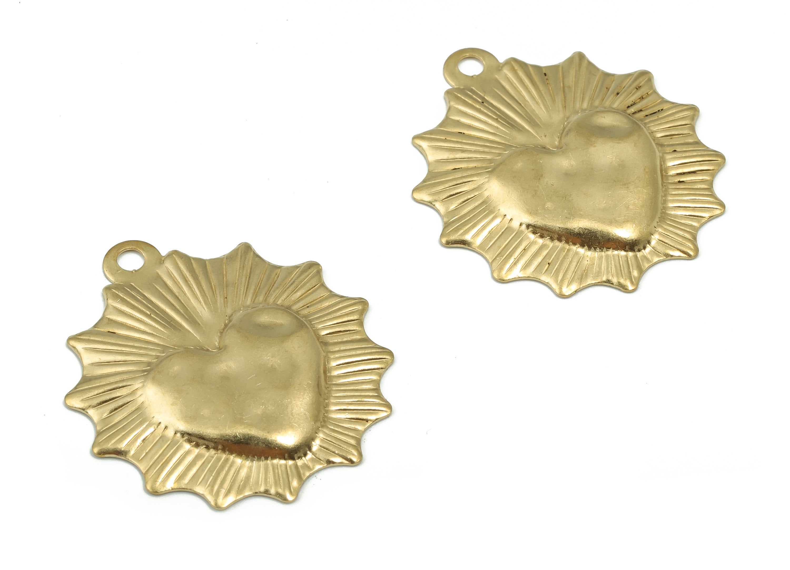 Brass Relief Heart Earring Charms - Raw Brass Sun Heart Pendant - DIY Jewelry Making Supplies - 33.63x29.97x1.59mm - PP4881 - DOMEDBAZAAR