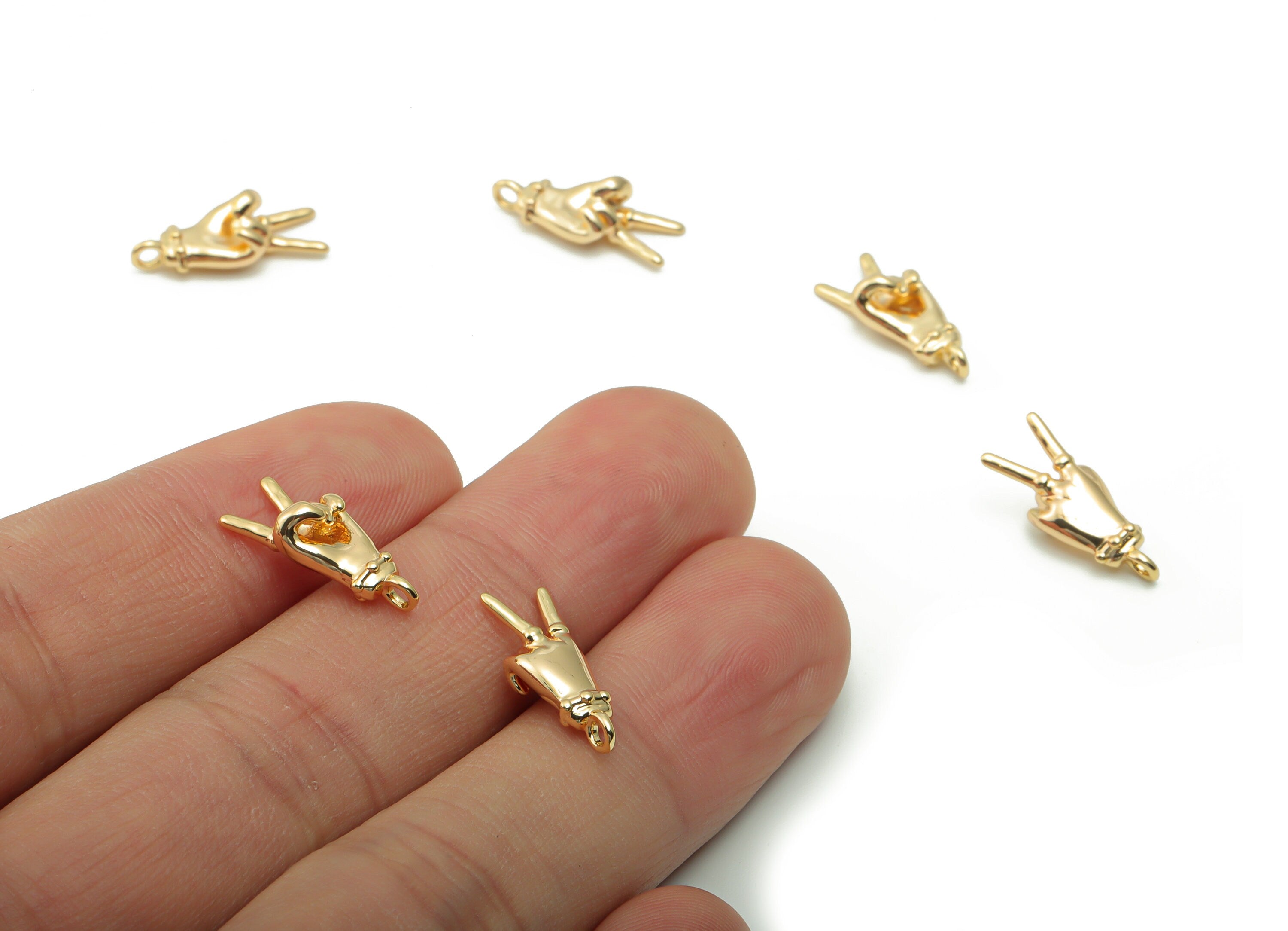 Brass Hand Sign Earring Charms - Gold Hand Victory Pendant - 18K Real Gold Plated Brass - Jewelry Making Supplies - 16.44x7.01x5.2mm-RGP4176 - DOMEDBAZAAR