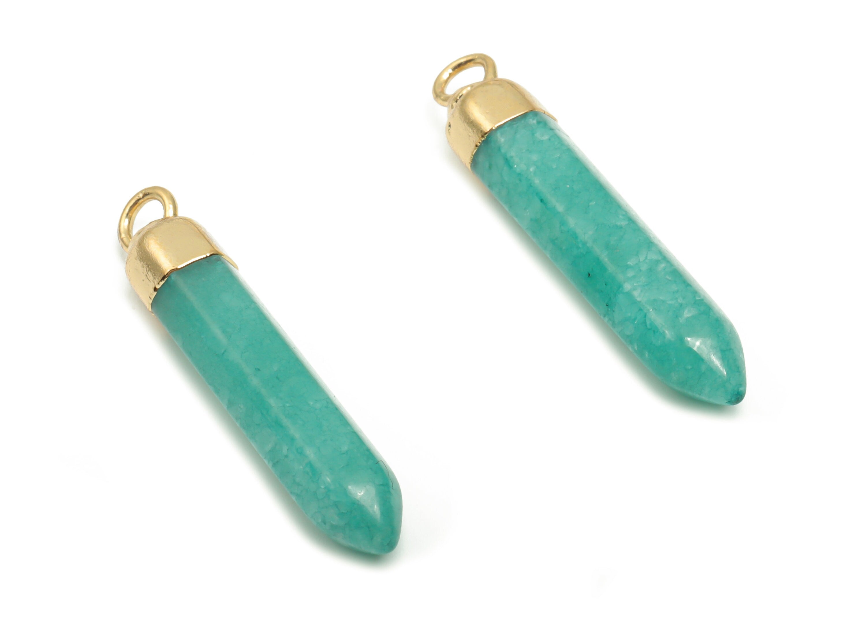 Aventurine Tumbled Spike Earring Charms - Brass Strip Pendant - Natural Stone - Gold Tone Plated Brass – 30.45x5.66x5.66mm – NS1549B - DOMEDBAZAAR