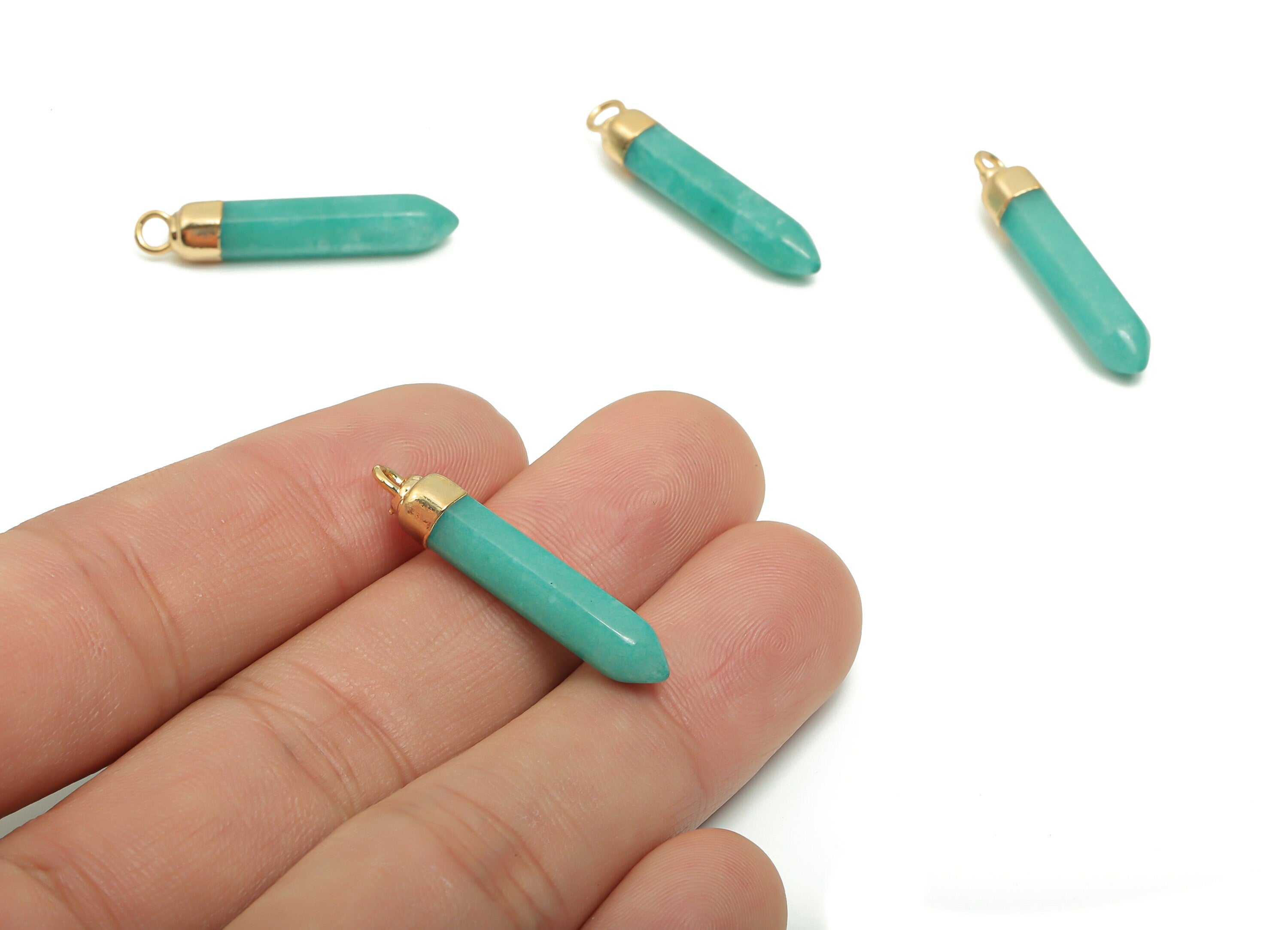 Aventurine Tumbled Spike Earring Charms - Brass Strip Pendant - Natural Stone - Gold Tone Plated Brass – 30.45x5.66x5.66mm – NS1549B - DOMEDBAZAAR