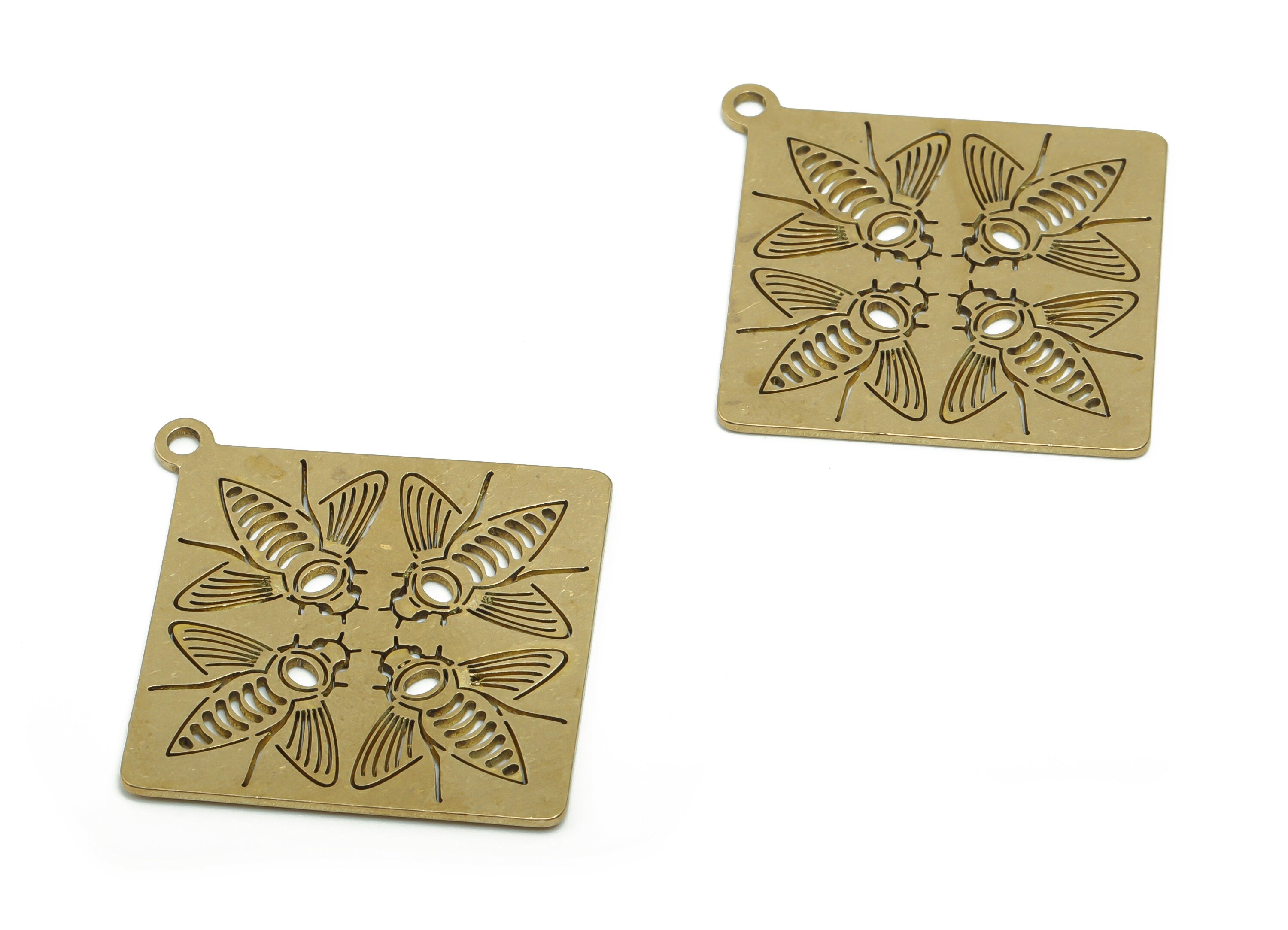 Brass Square Four Bees Earring Charms - Raw Brass Square Four Bees Pendant - Jewelry Making Supplies - 40.2x37.79x0.78mm - PPA0625 - DOMEDBAZAAR