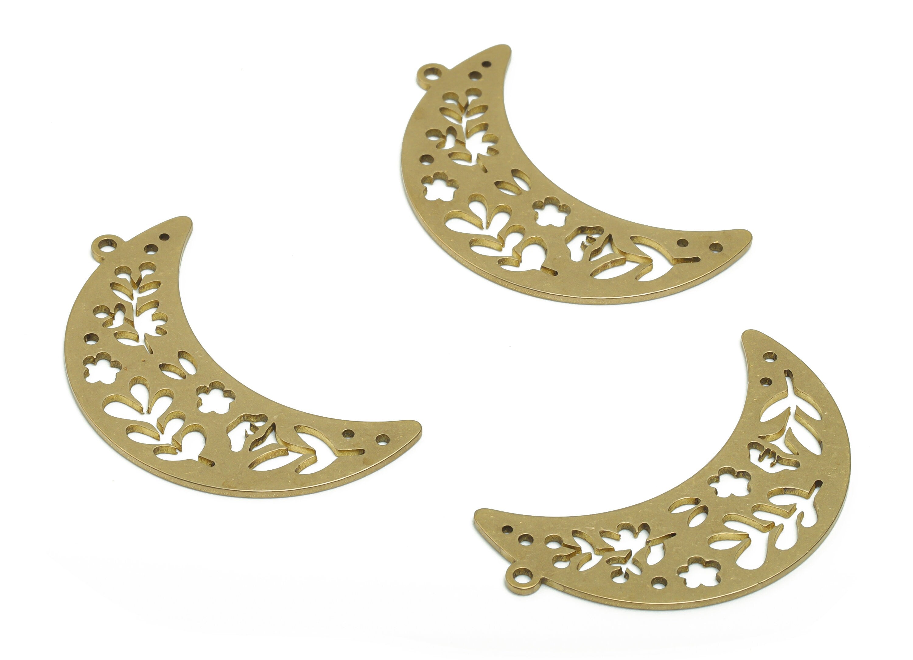 Brass Crescent Flower Earring Charms - Raw Brass Moon Branch Pendant - Jewelry Making Supplies - 36.58x18.79x0.84mm - PPA0487 - DOMEDBAZAAR